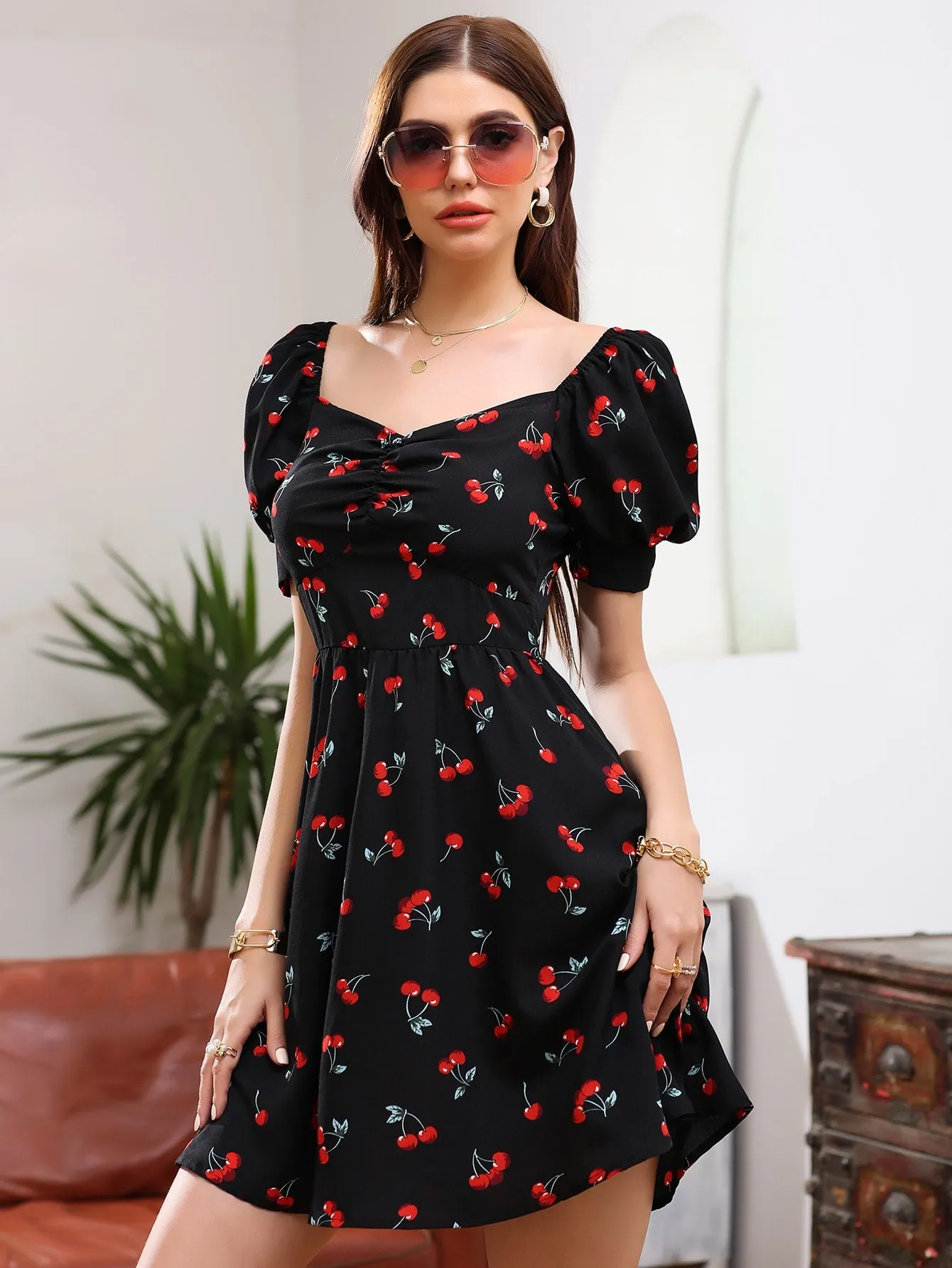 Fruit&Vegetable Ruched Short Sleeve Sweetheart Flared High Waist Short Dress
