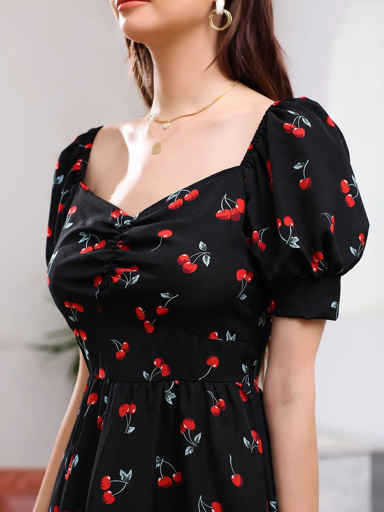 Fruit&Vegetable Ruched Short Sleeve Sweetheart Flared High Waist Short Dress