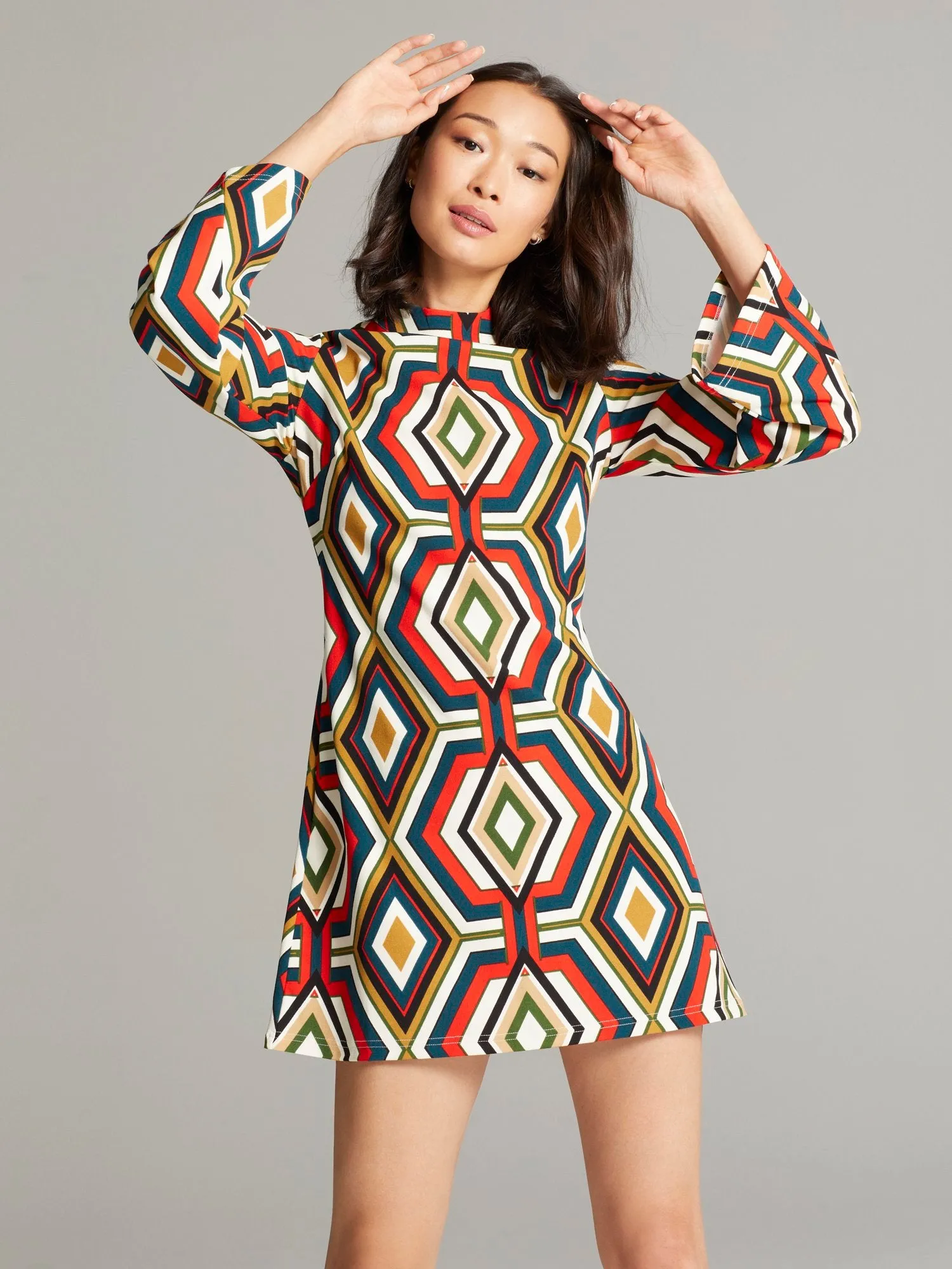 Gaelle Geometric-Print Mock-Neck Dress