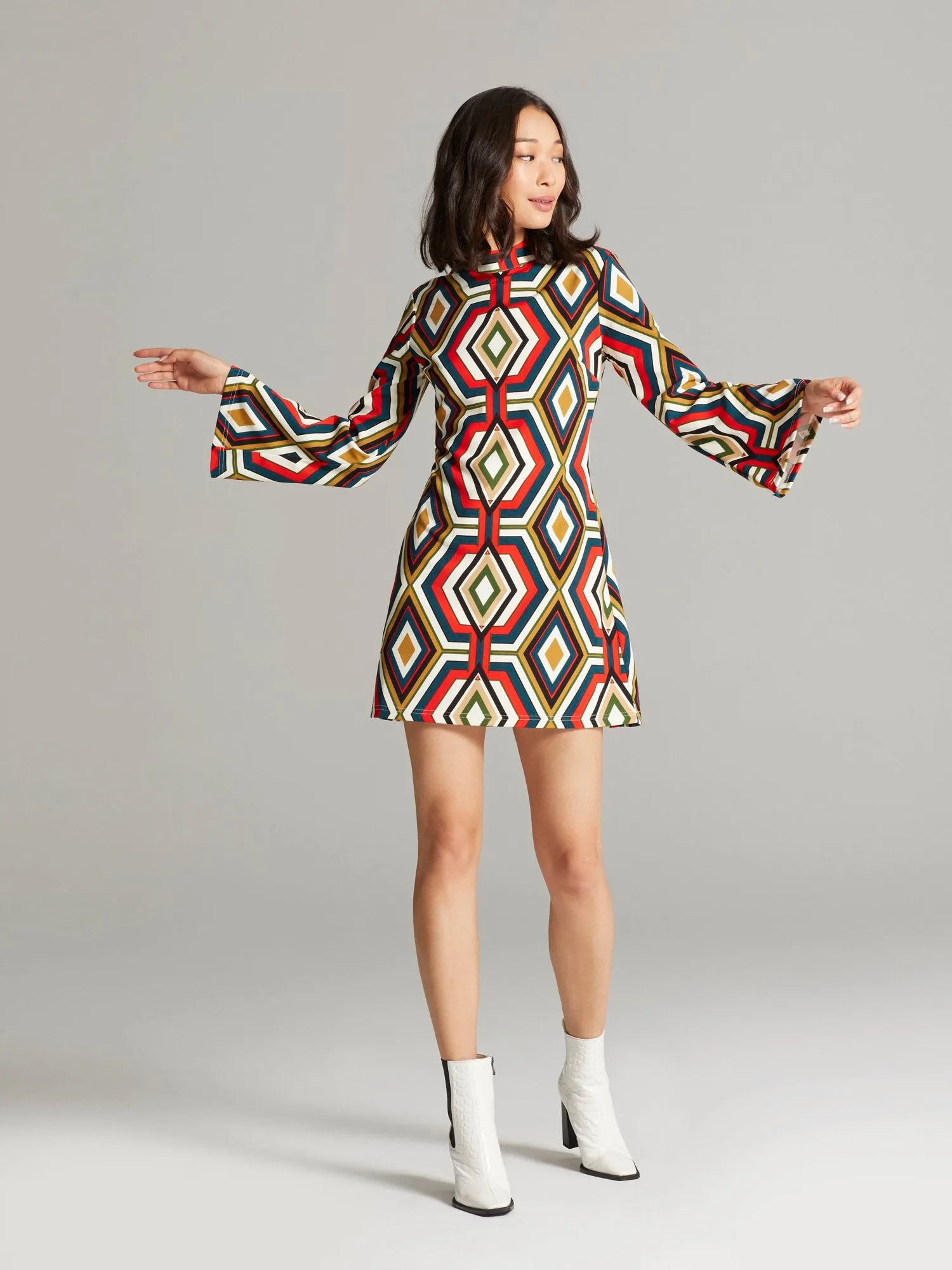 Gaelle Geometric-Print Mock-Neck Dress