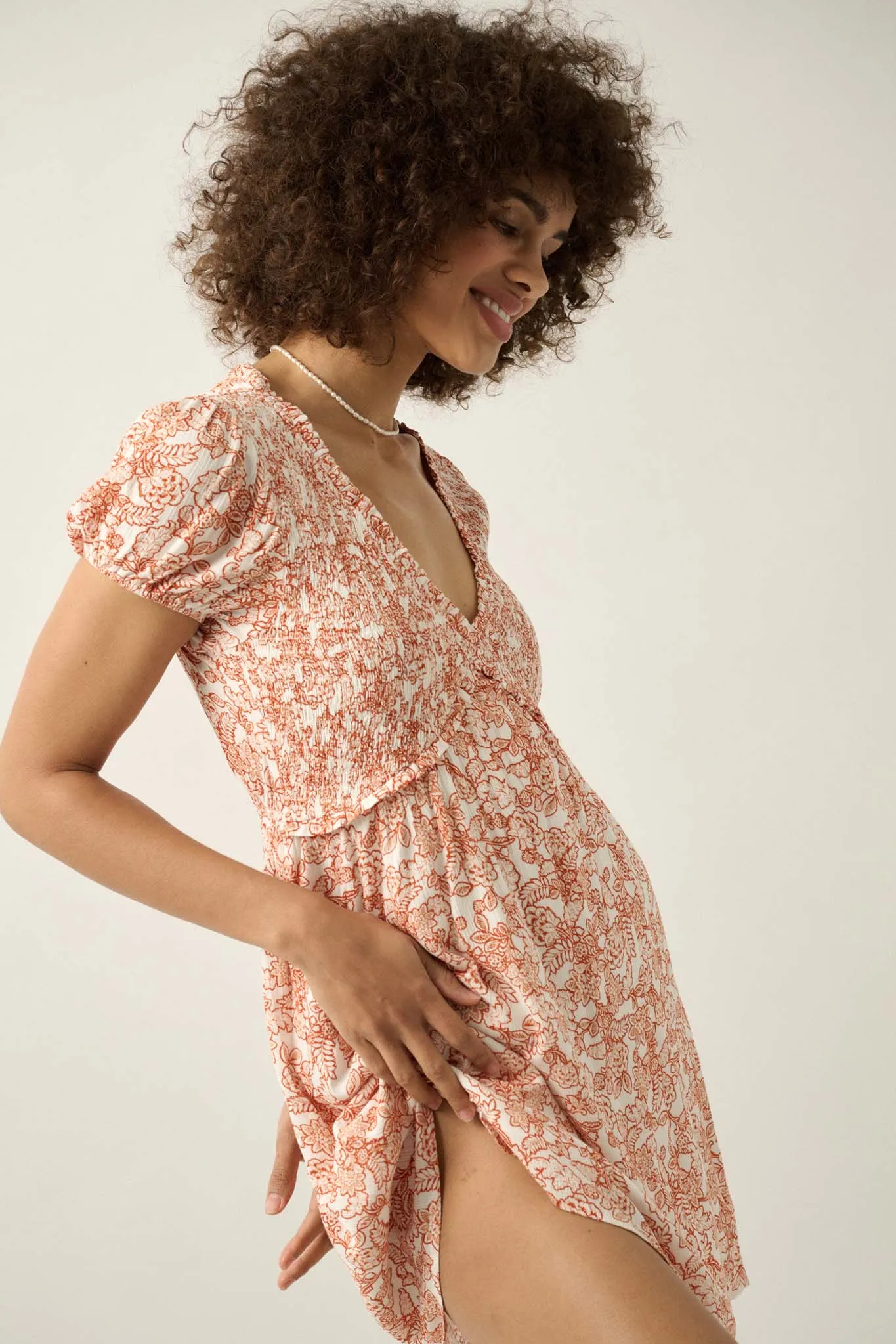 Garden Graces Smocked Floral Puff-Sleeve Mini Dress