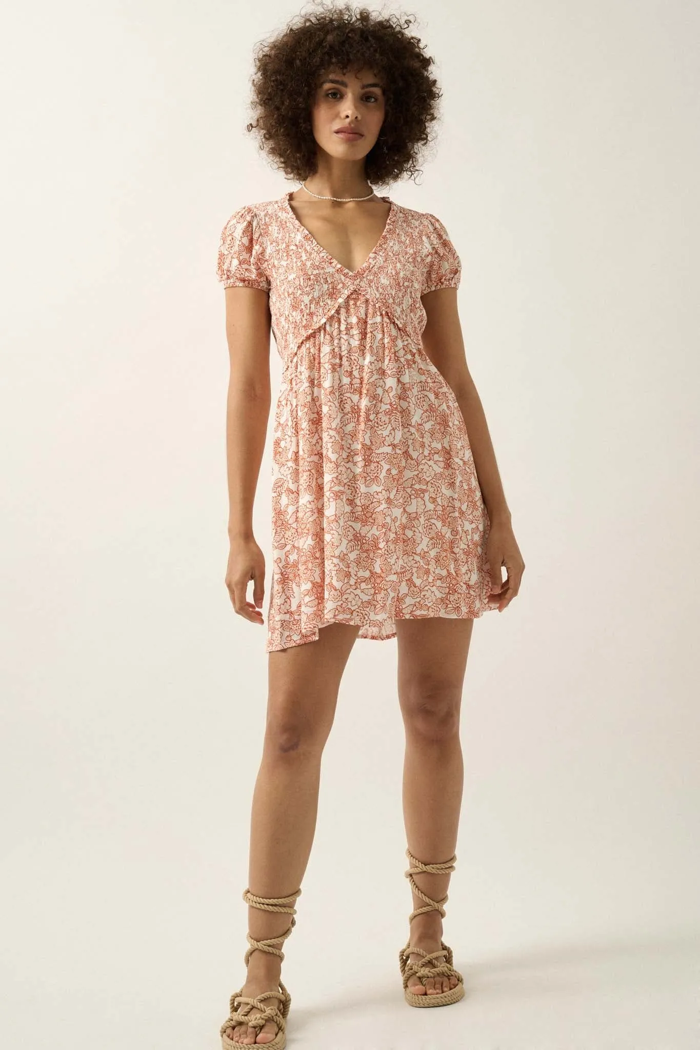 Garden Graces Smocked Floral Puff-Sleeve Mini Dress