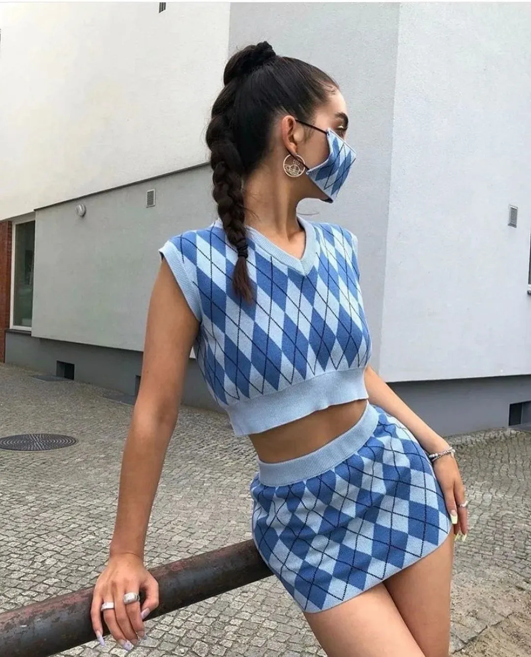 Geometric Printed Crop Top and High Waist Short Skirt Two-piece