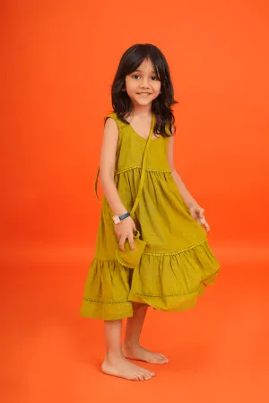 Girls 3 tiered Cotton Dress - Green