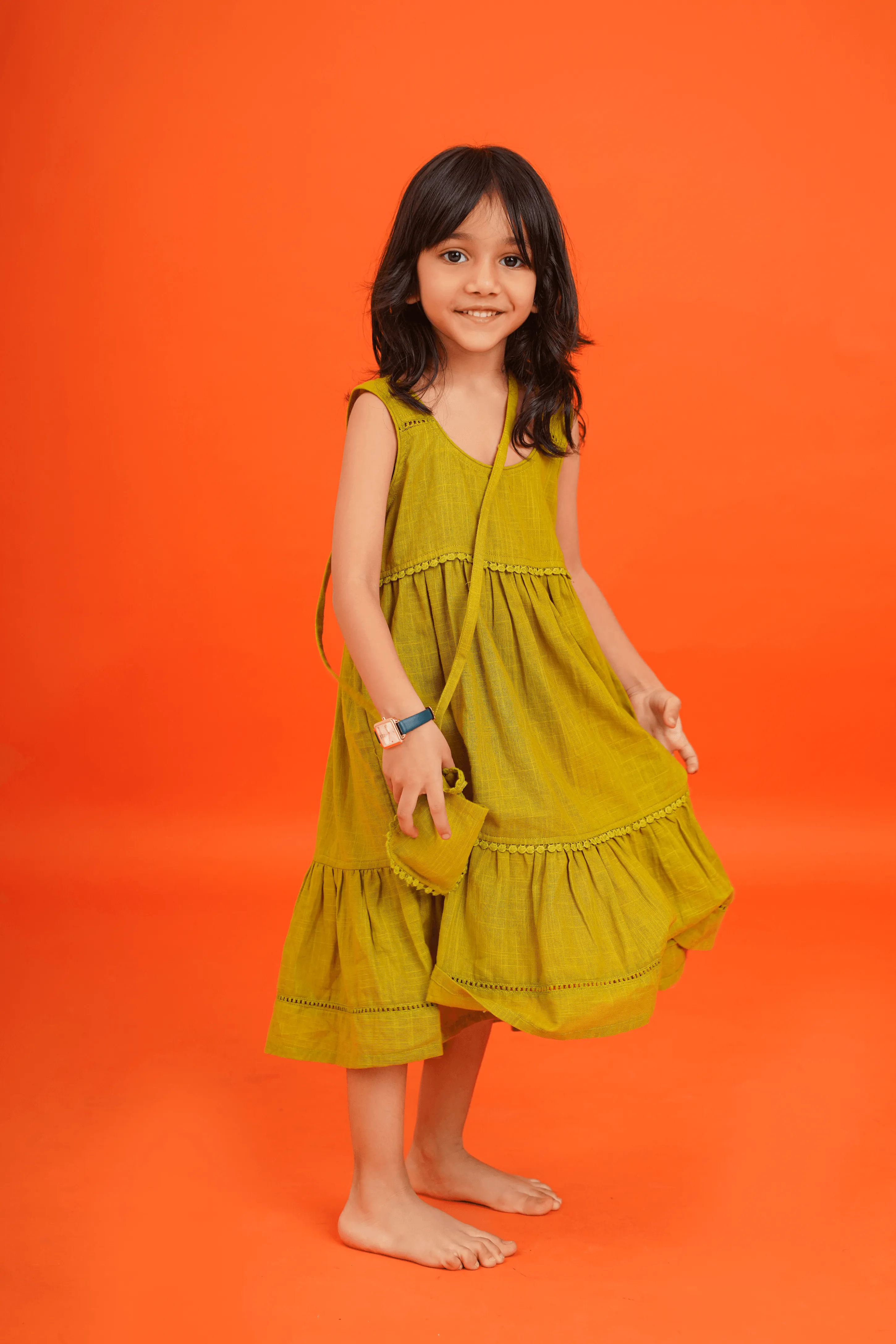 Girls 3 tiered Cotton Dress - Green