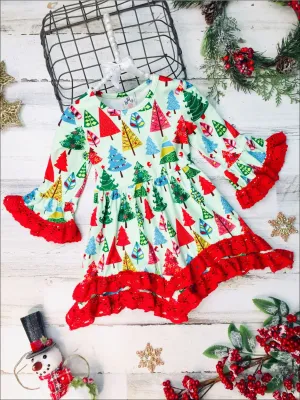 Girls Christmas Tree Bell Sleeve Tiered Lace Dress