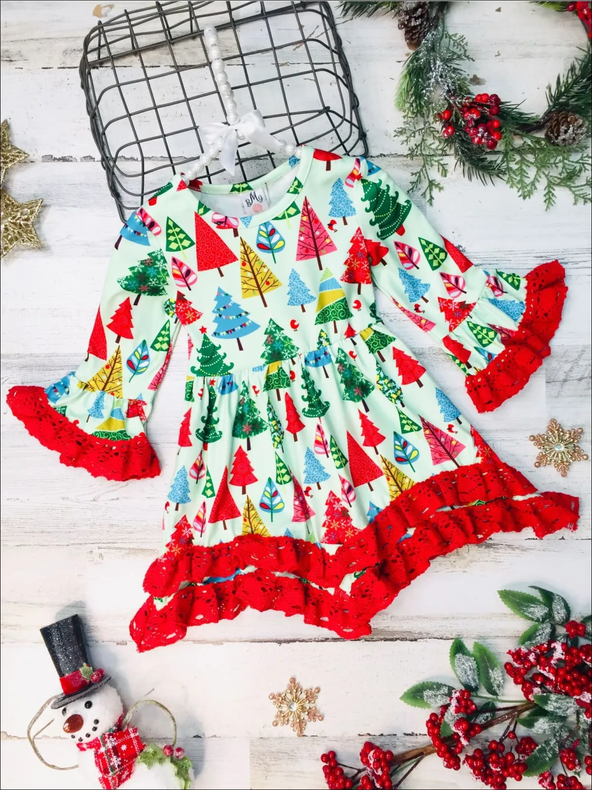 Girls Christmas Tree Bell Sleeve Tiered Lace Dress