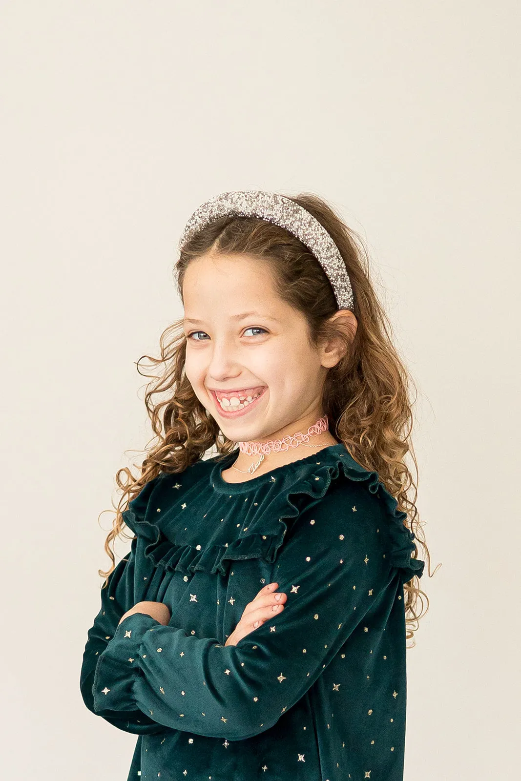 Girl's Green and Gold Stretch Velvet Ruffle Bib Shift Dress
