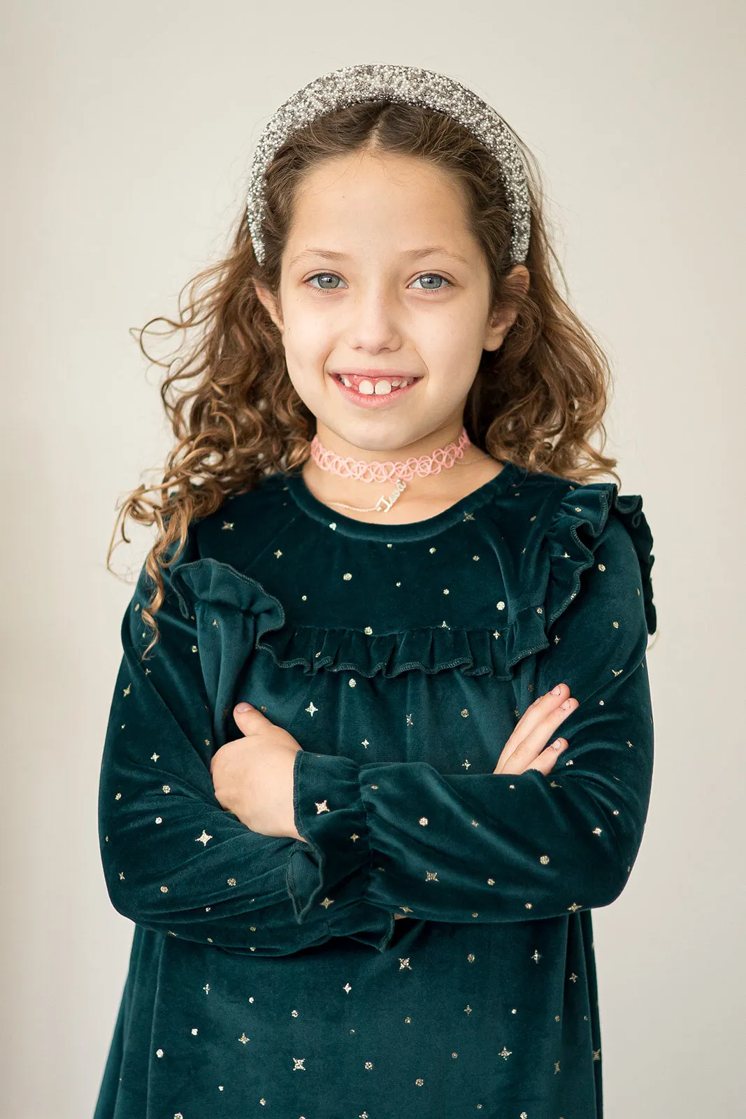 Girl's Green and Gold Stretch Velvet Ruffle Bib Shift Dress