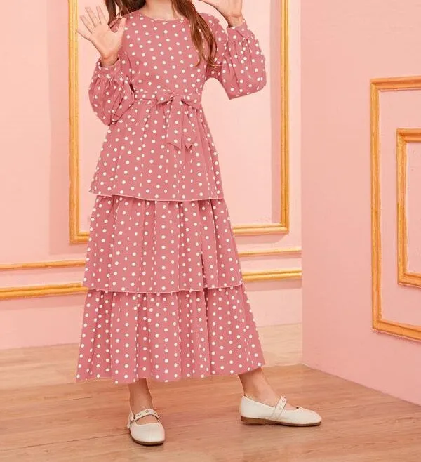 Girls Polka Dot Layered Ruffle Belted Dress