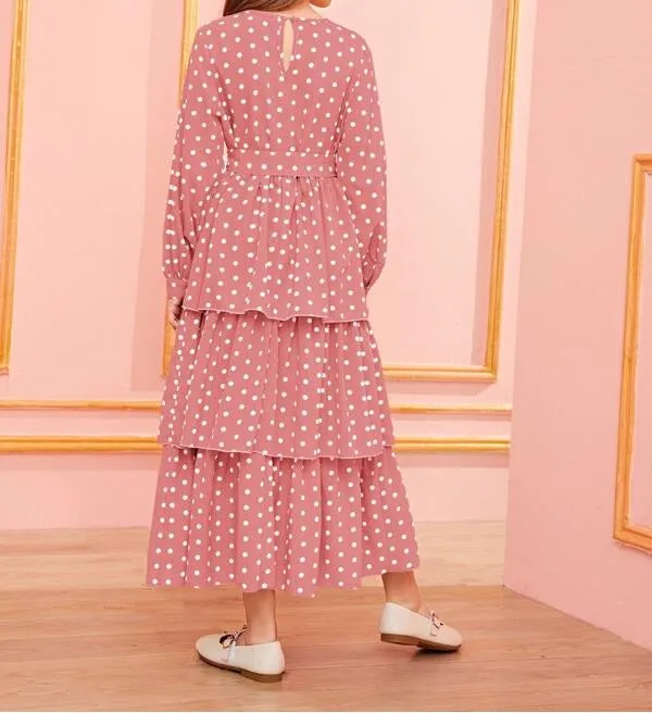Girls Polka Dot Layered Ruffle Belted Dress