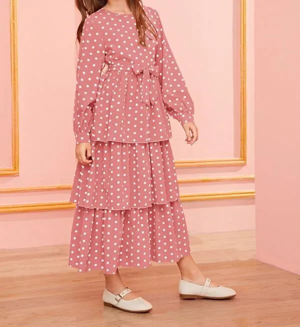 Girls Polka Dot Layered Ruffle Belted Dress