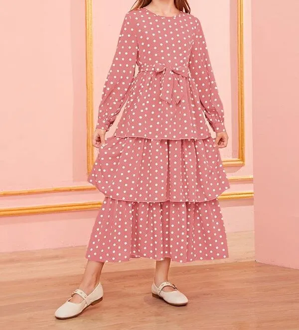 Girls Polka Dot Layered Ruffle Belted Dress