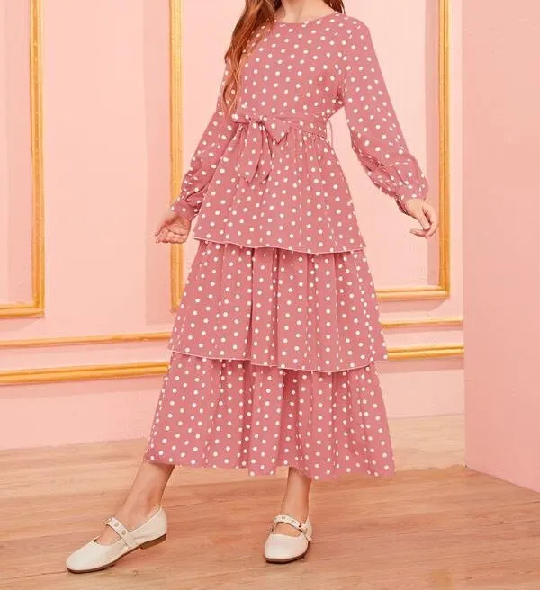 Girls Polka Dot Layered Ruffle Belted Dress