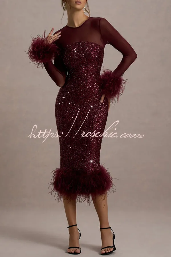 Glamor and Drama Mesh Sequin Patchwork Feather Trim Stretch Midi Dress