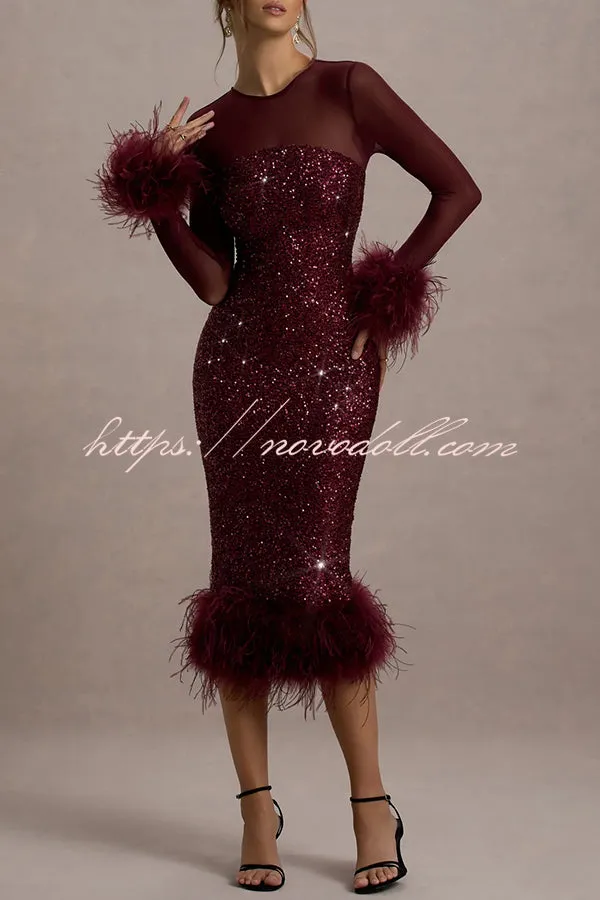 Glamor and Drama Mesh Sequin Patchwork Feather Trim Stretch Midi Dress