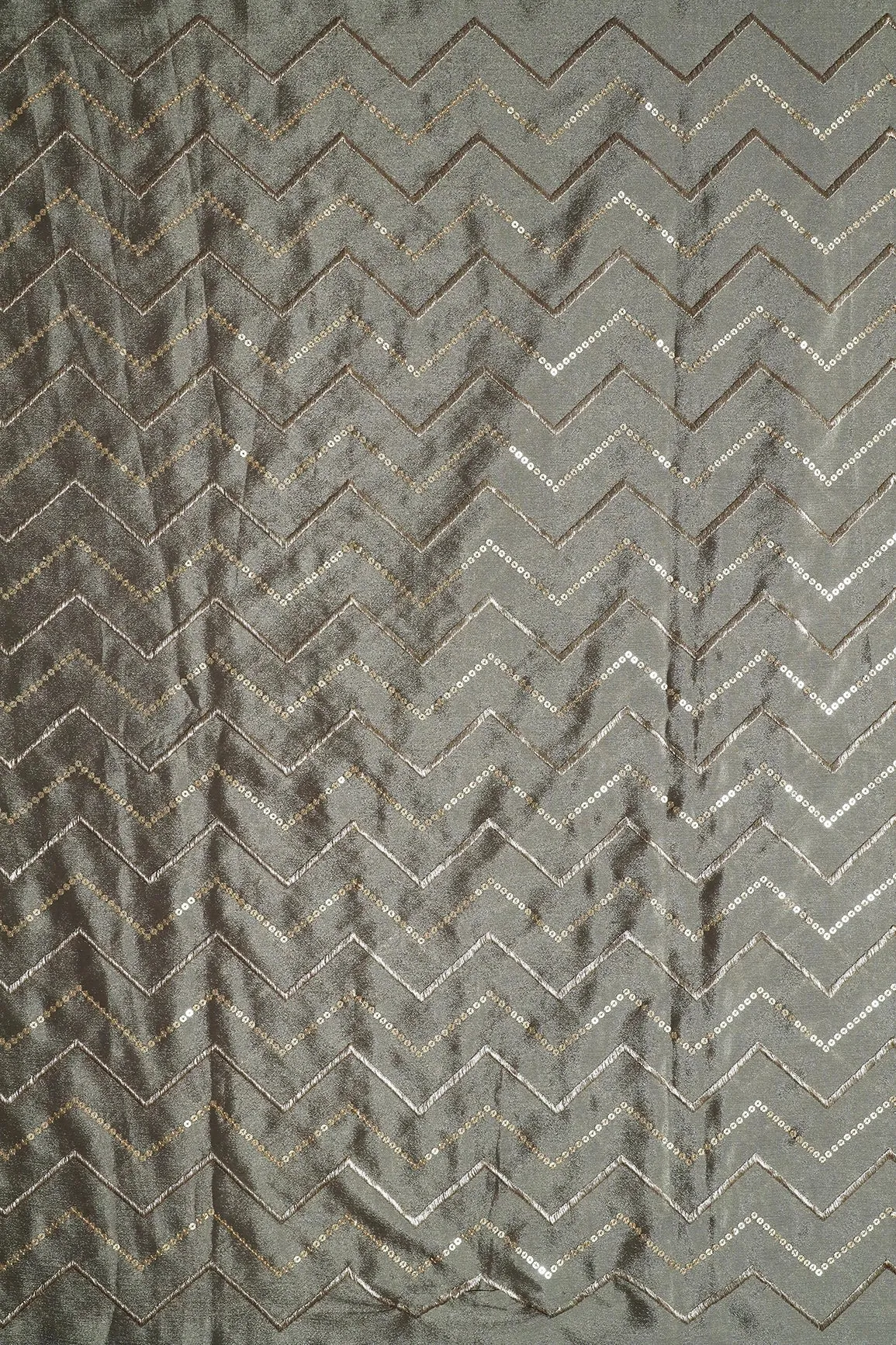 Gold Zari With Gold Sequins Chevron Embroidery Work On Stone Grey Chinnon Chiffon Fabric