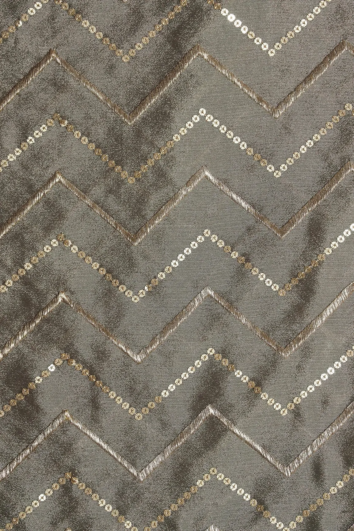 Gold Zari With Gold Sequins Chevron Embroidery Work On Stone Grey Chinnon Chiffon Fabric