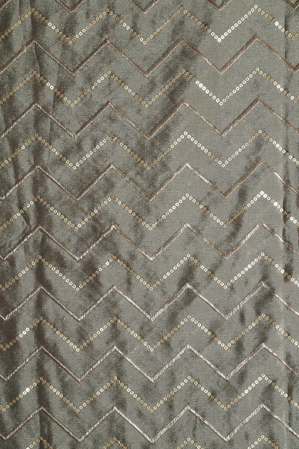Gold Zari With Gold Sequins Chevron Embroidery Work On Stone Grey Chinnon Chiffon Fabric