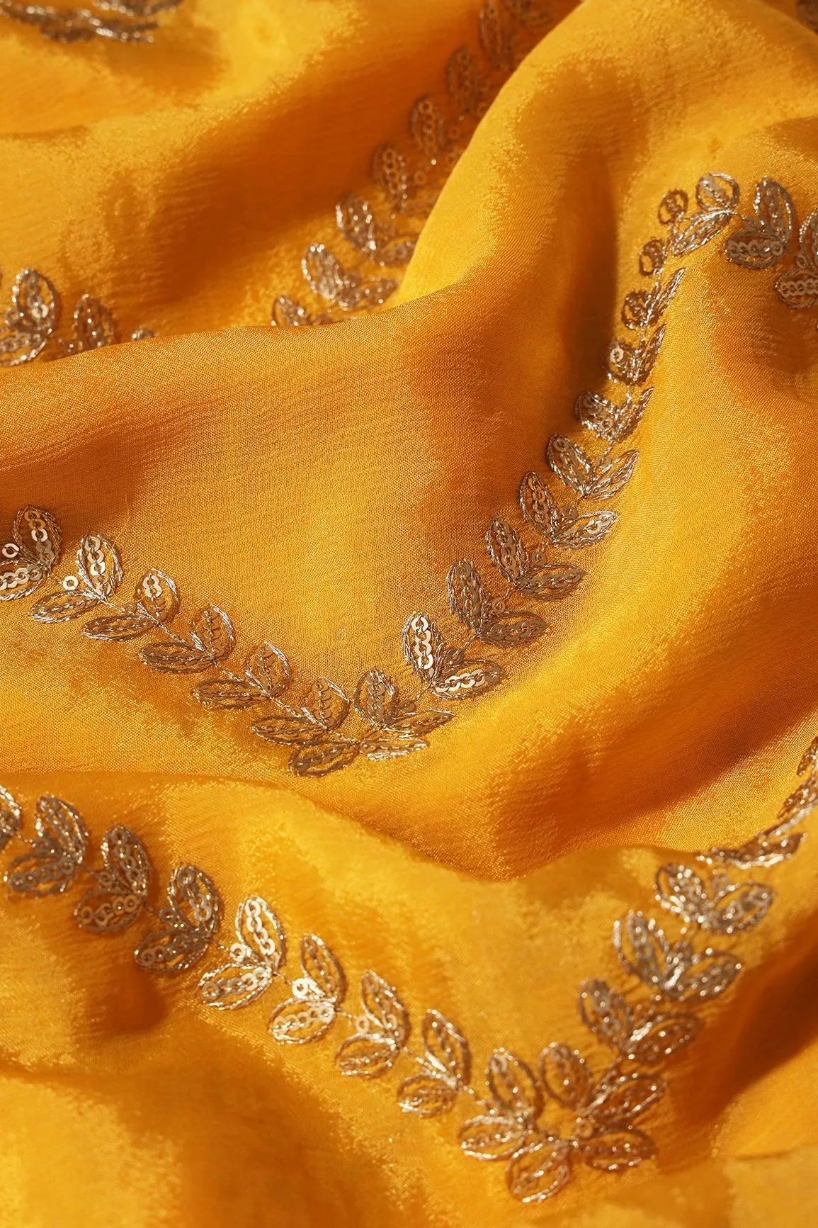 Gold Zari With Gold Sequins Chevron Embroidery Work On Yellow Chinnon Chiffon Fabric