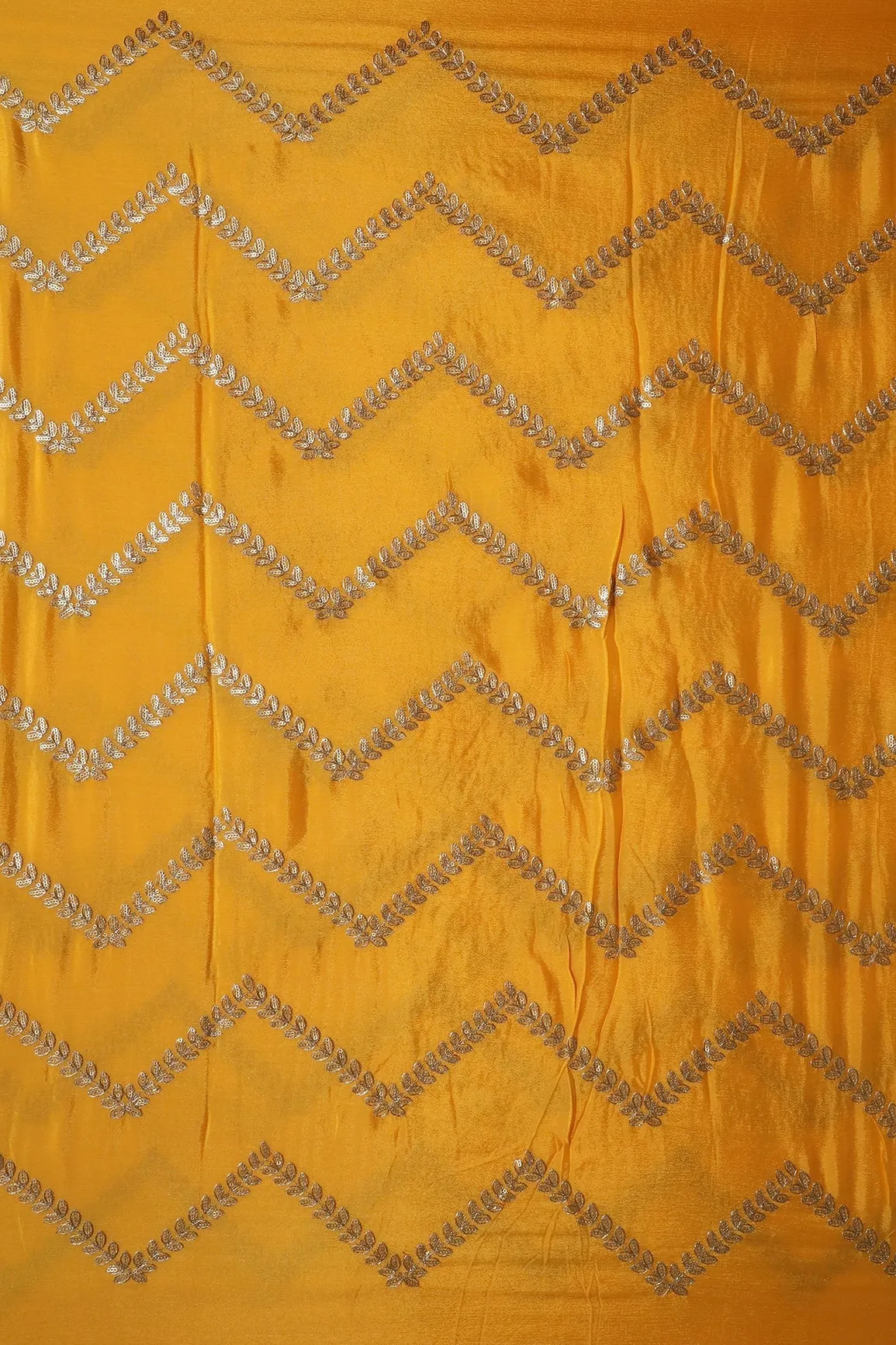 Gold Zari With Gold Sequins Chevron Embroidery Work On Yellow Chinnon Chiffon Fabric