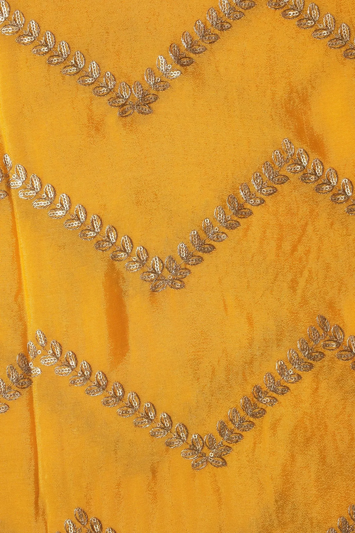 Gold Zari With Gold Sequins Chevron Embroidery Work On Yellow Chinnon Chiffon Fabric