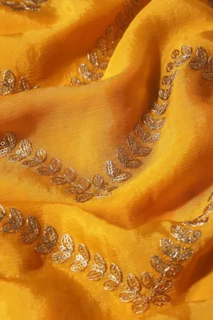 Gold Zari With Gold Sequins Chevron Embroidery Work On Yellow Chinnon Chiffon Fabric
