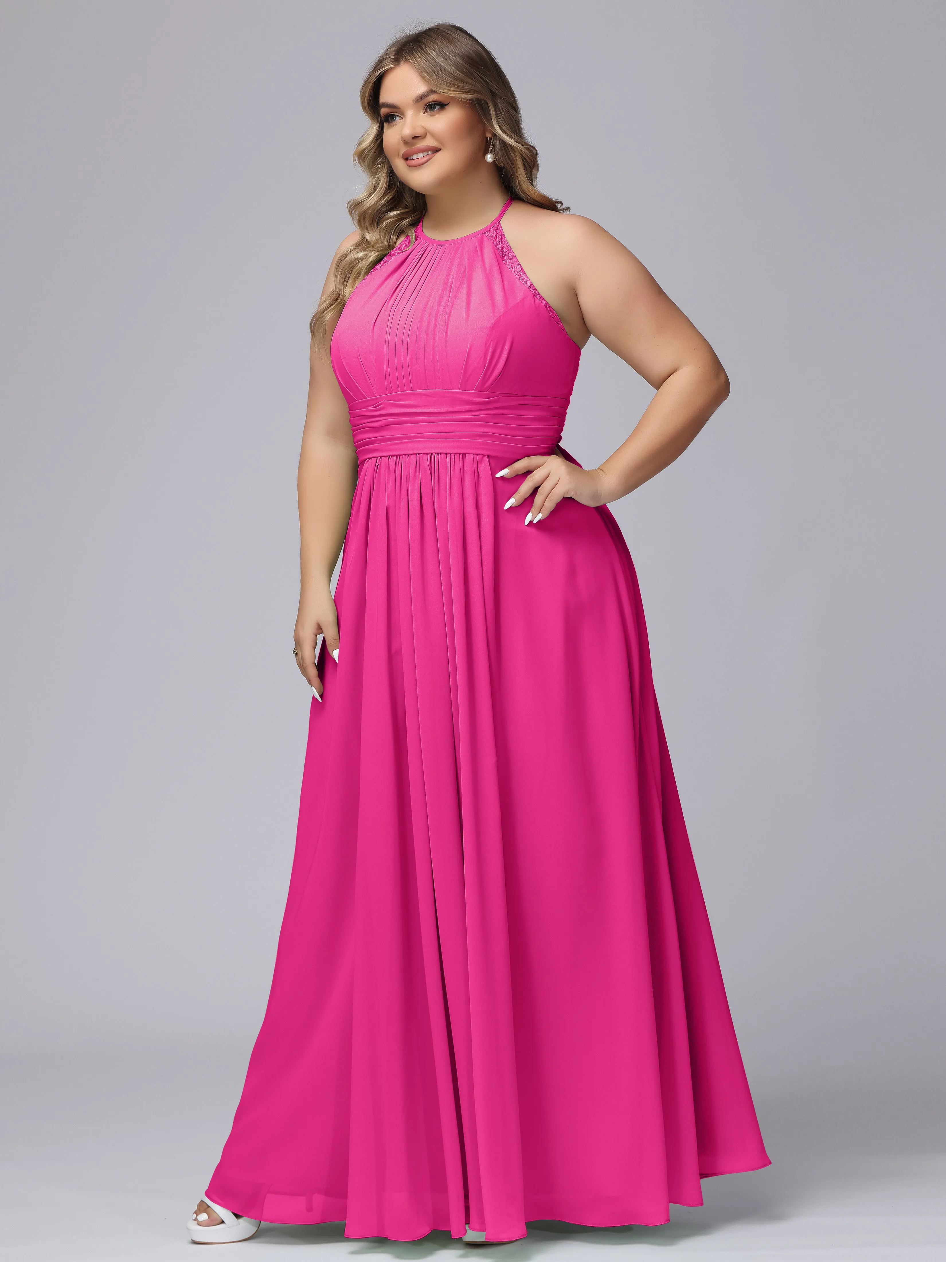 Halter Sleeveless Long Plus Size Chiffon Bridesmaid Dresses