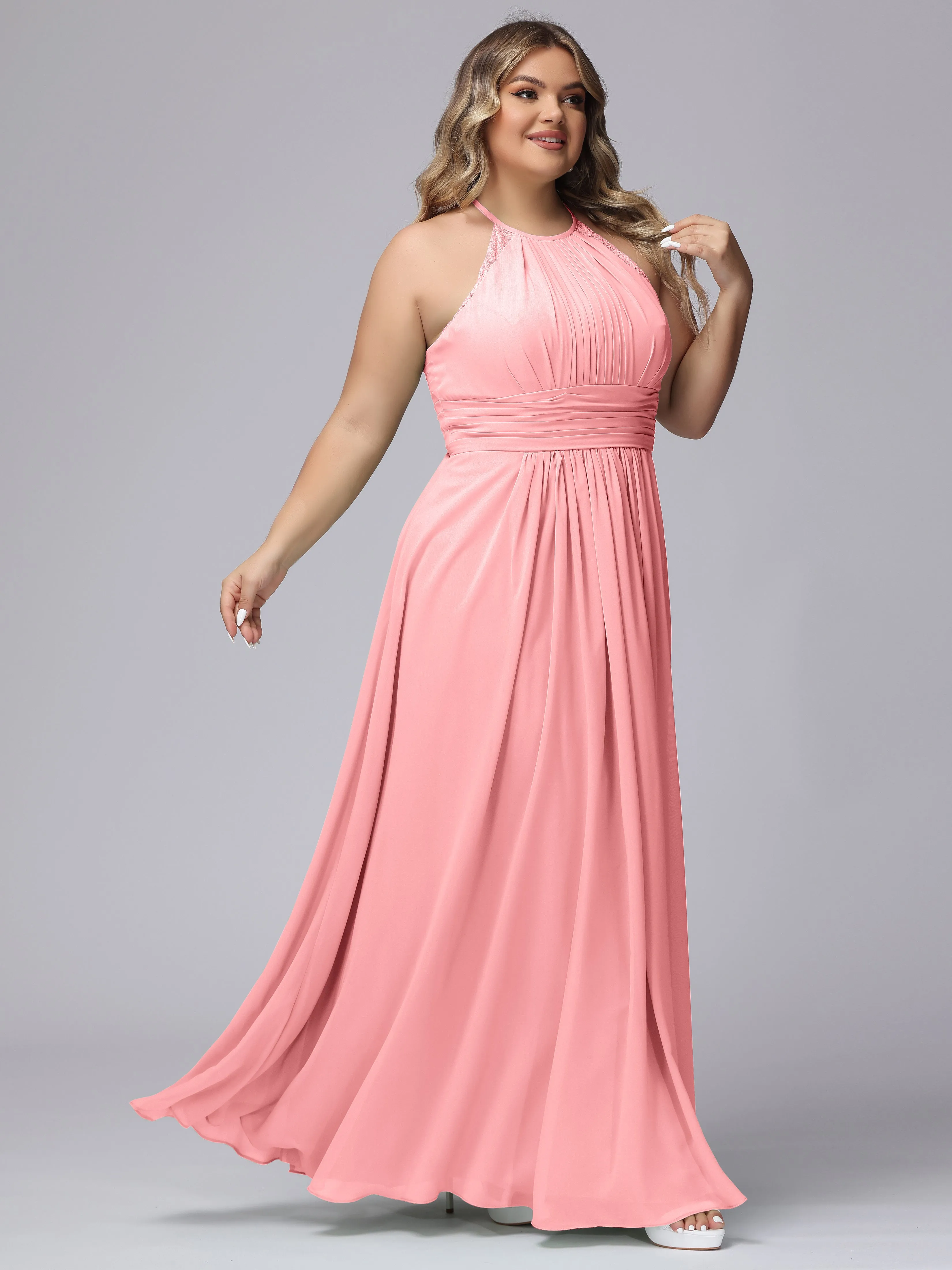 Halter Sleeveless Long Plus Size Chiffon Bridesmaid Dresses