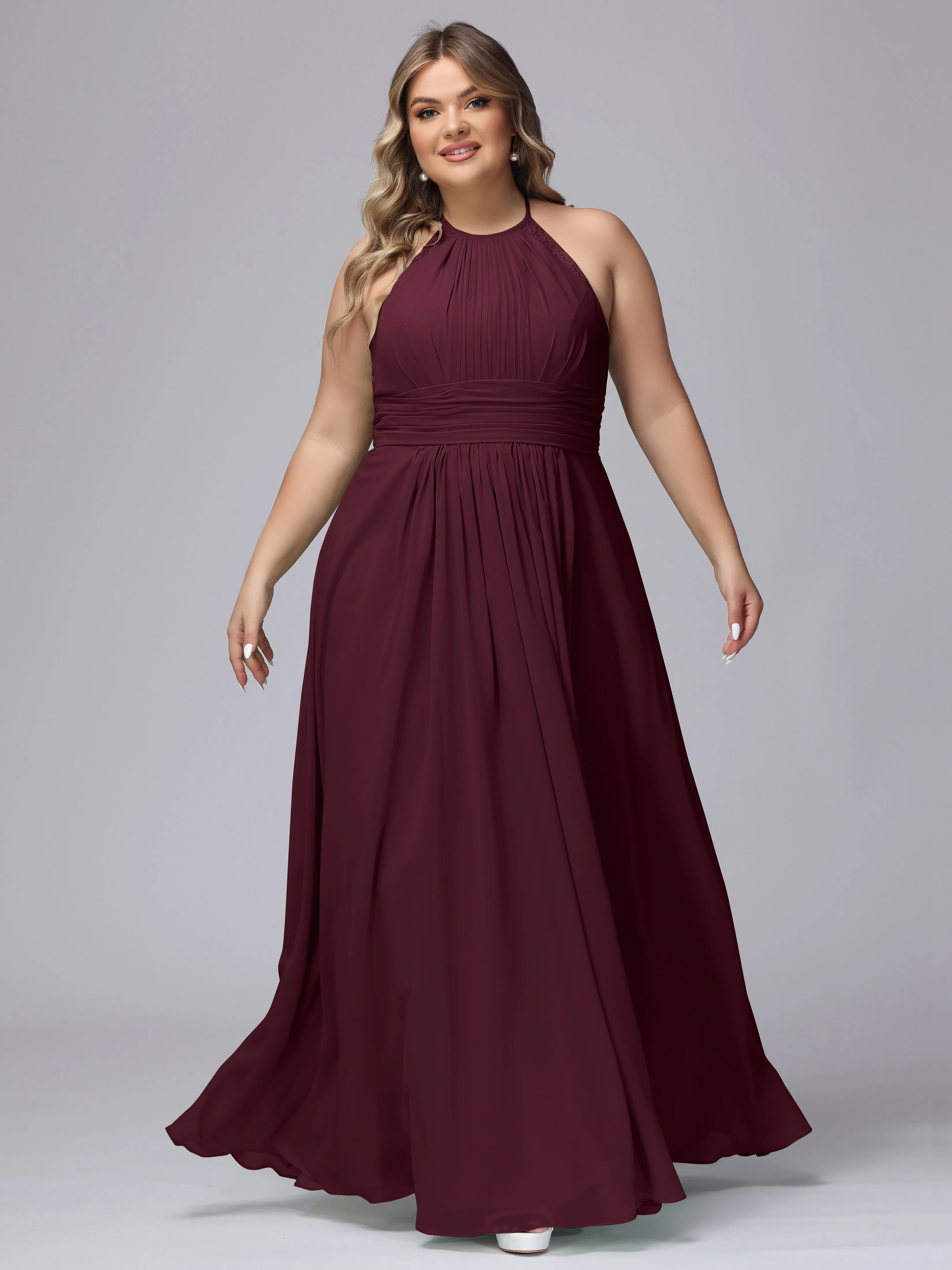 Halter Sleeveless Long Plus Size Chiffon Bridesmaid Dresses