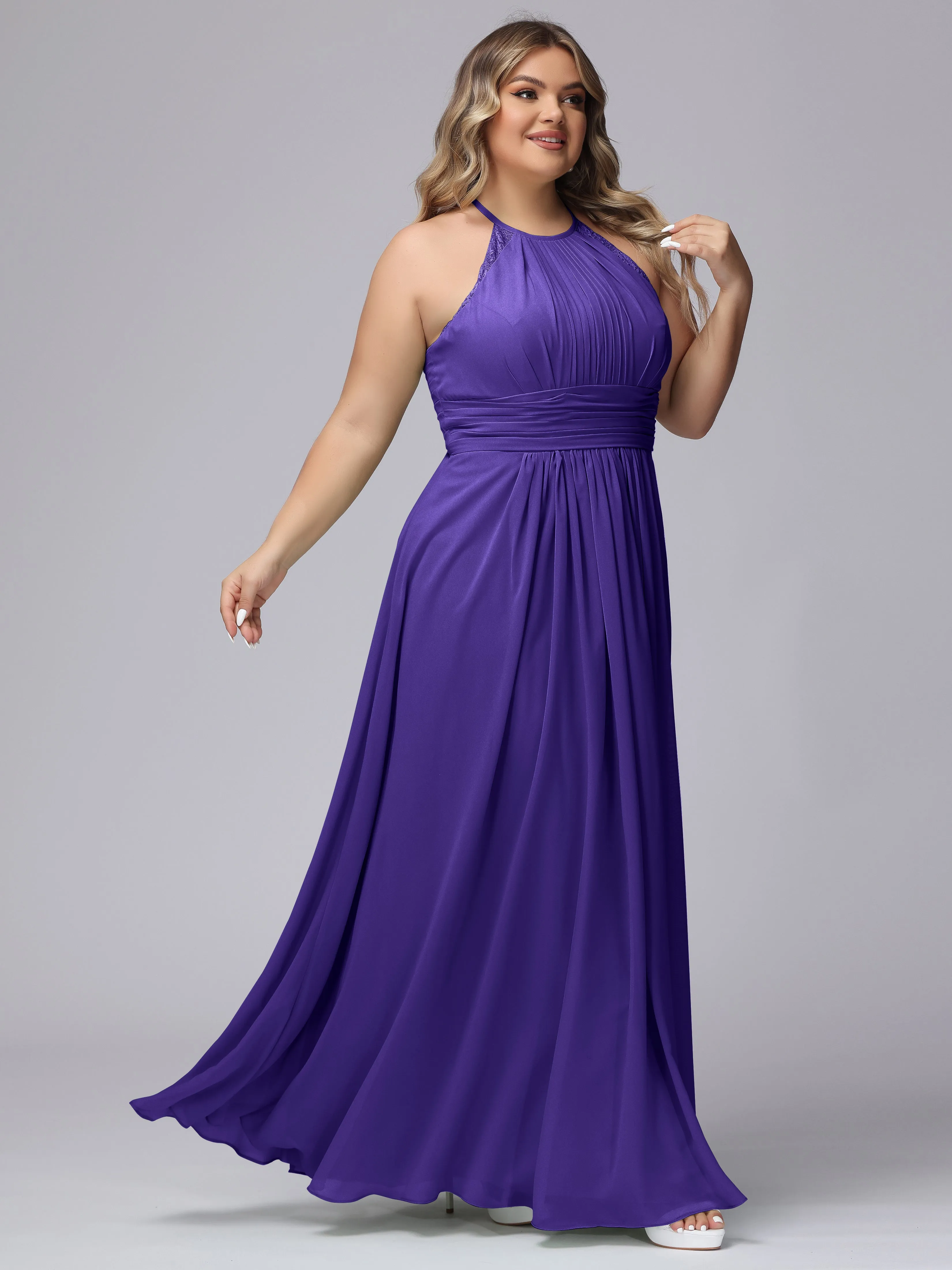 Halter Sleeveless Long Plus Size Chiffon Bridesmaid Dresses