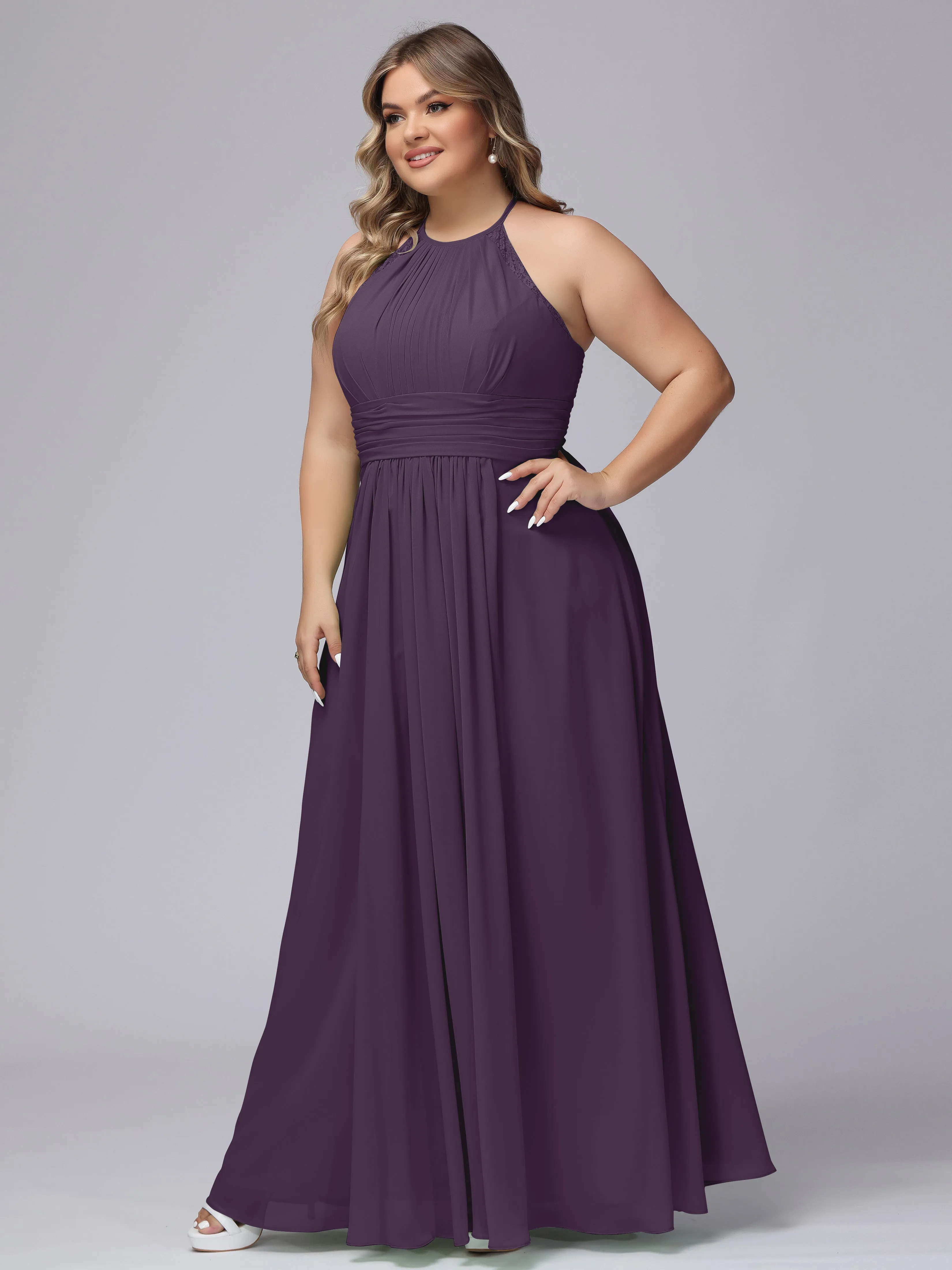 Halter Sleeveless Long Plus Size Chiffon Bridesmaid Dresses