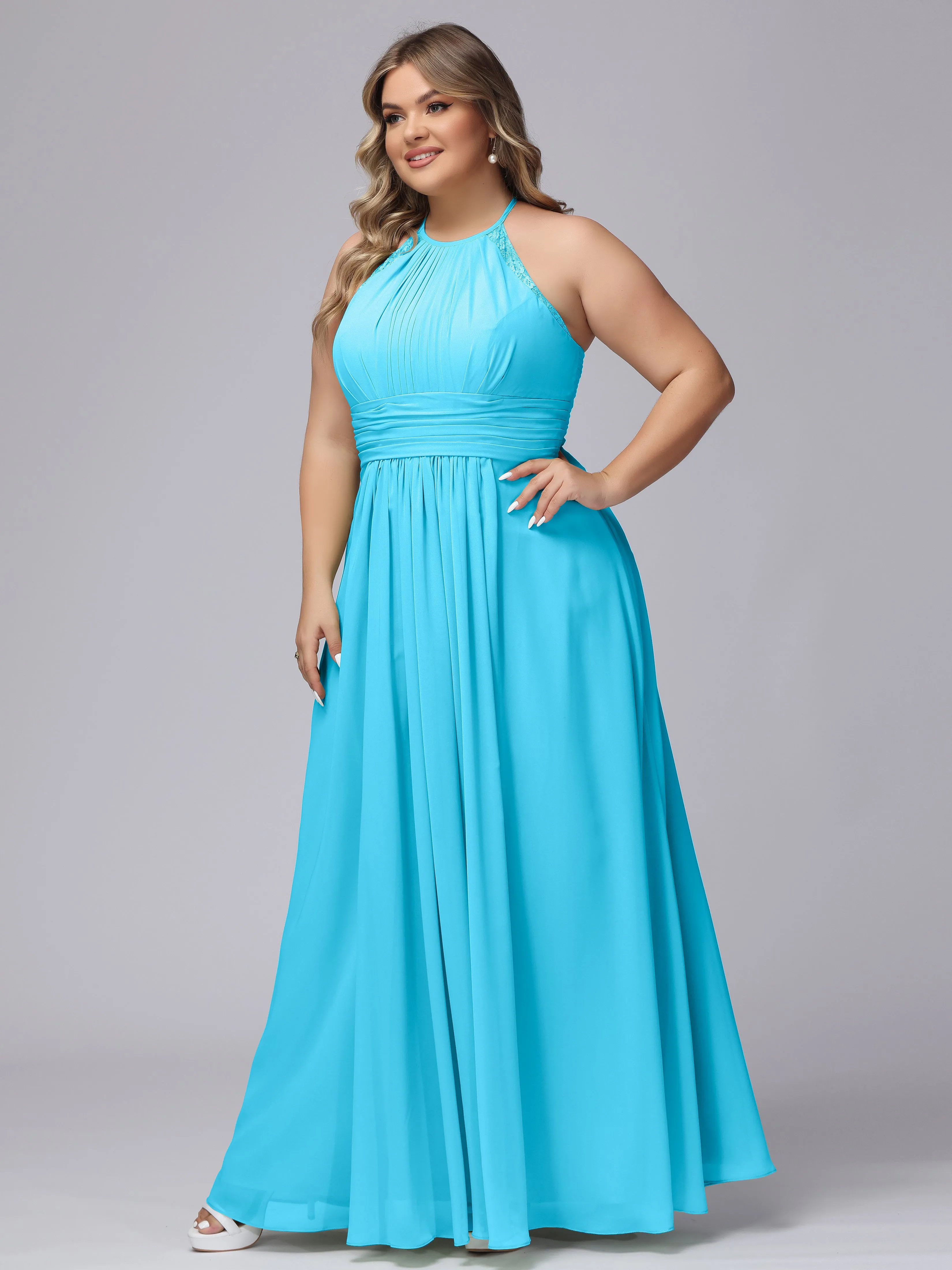 Halter Sleeveless Long Plus Size Chiffon Bridesmaid Dresses