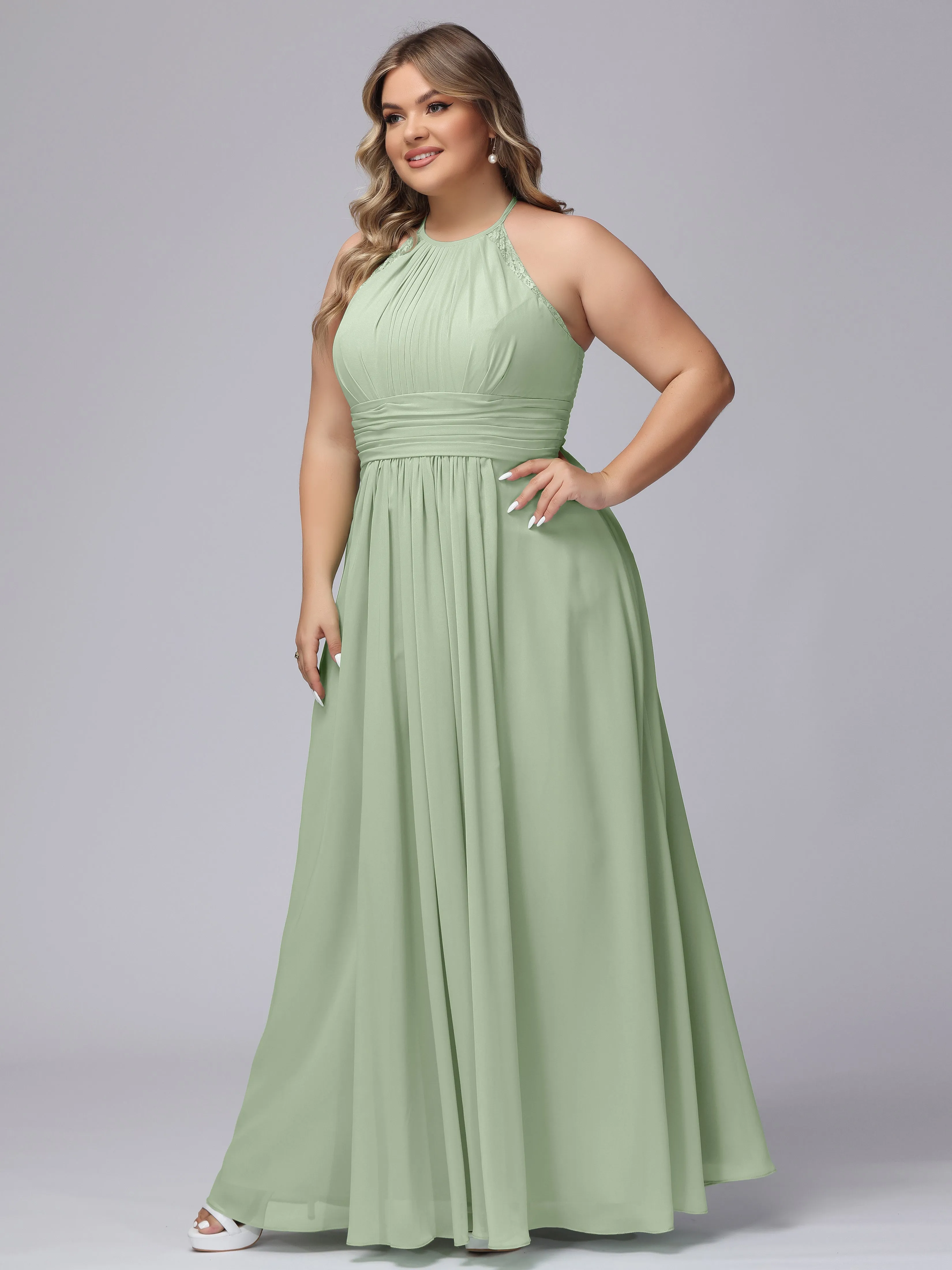 Halter Sleeveless Long Plus Size Chiffon Bridesmaid Dresses
