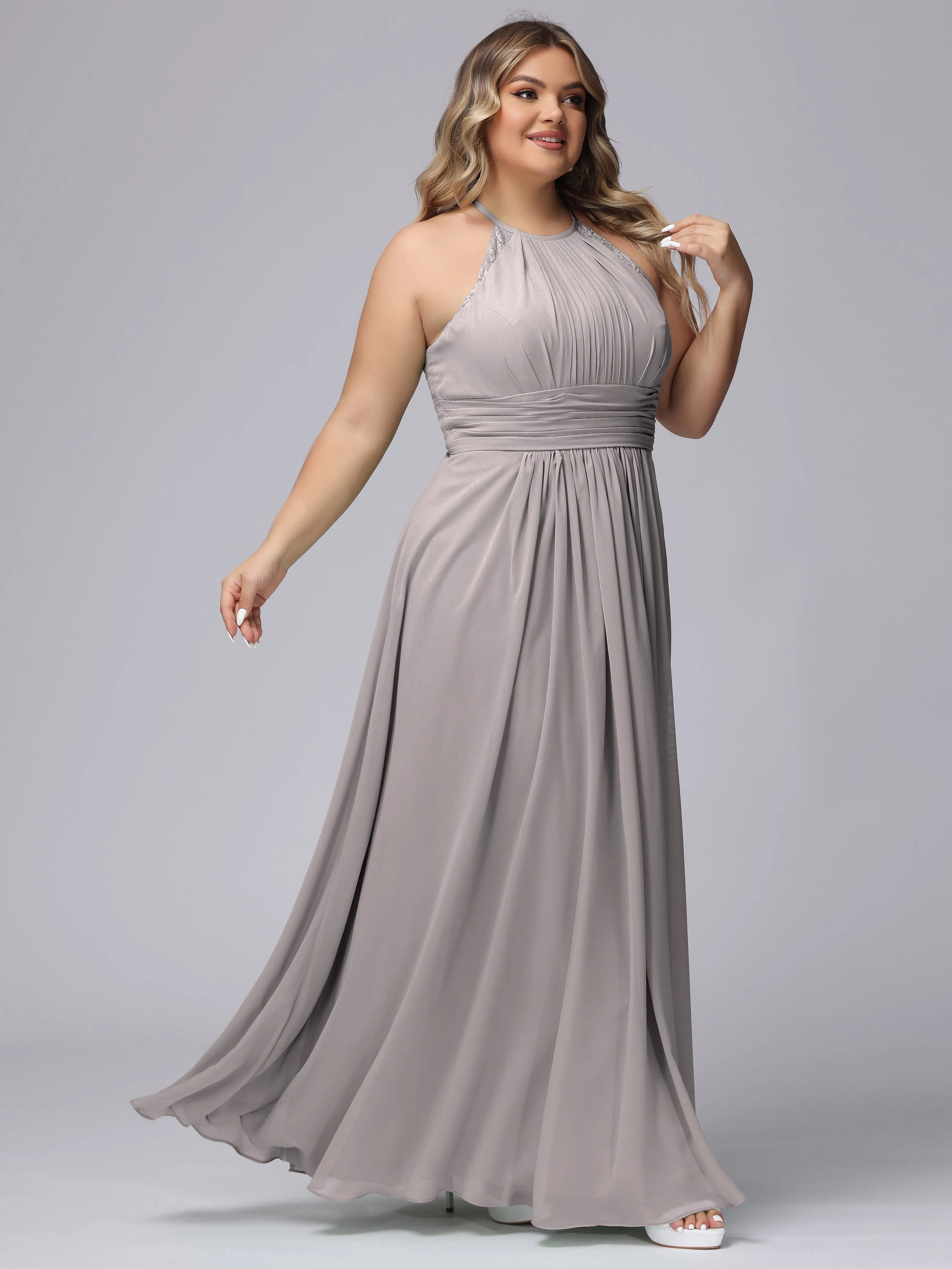 Halter Sleeveless Long Plus Size Chiffon Bridesmaid Dresses