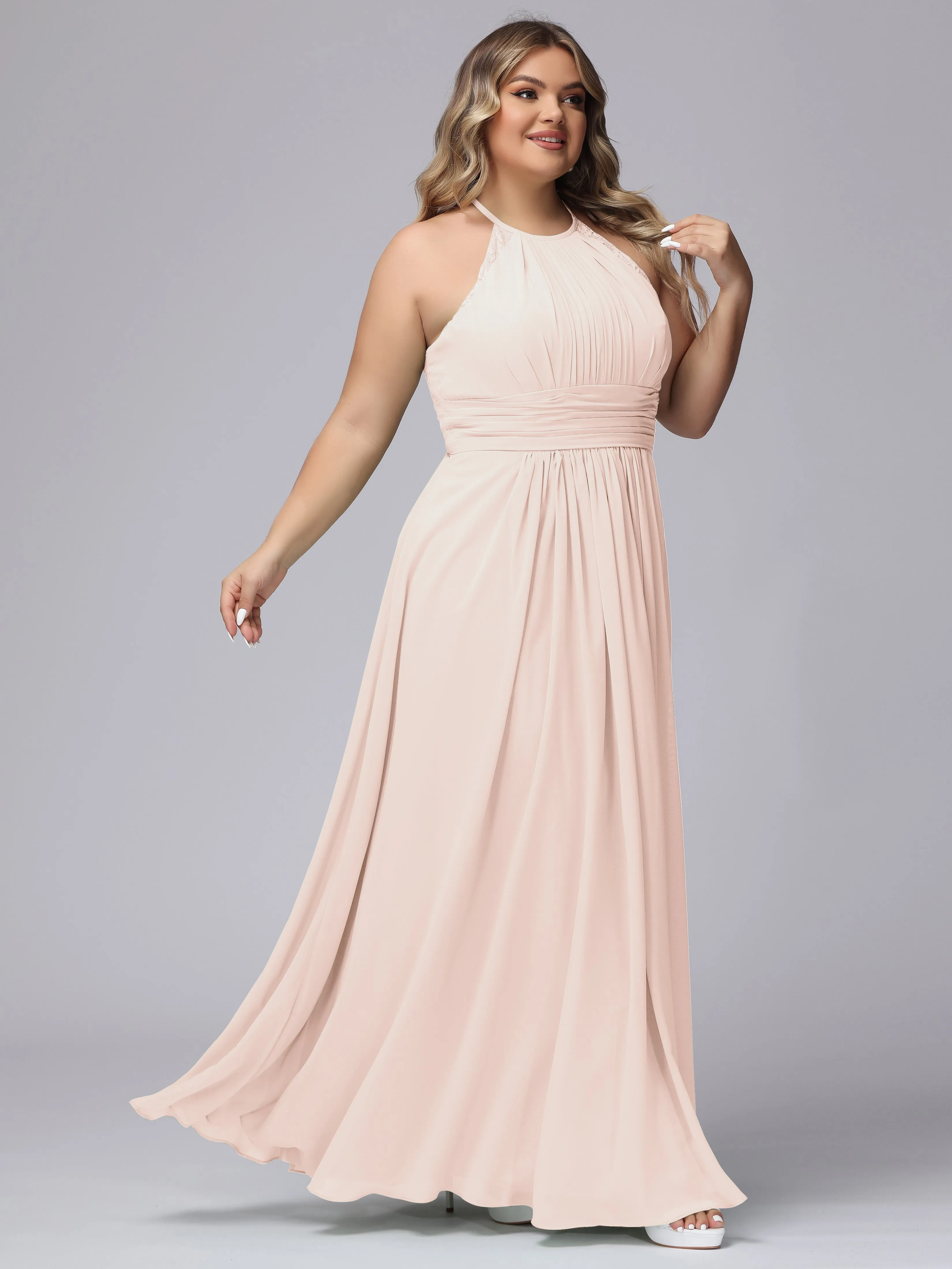 Halter Sleeveless Long Plus Size Chiffon Bridesmaid Dresses