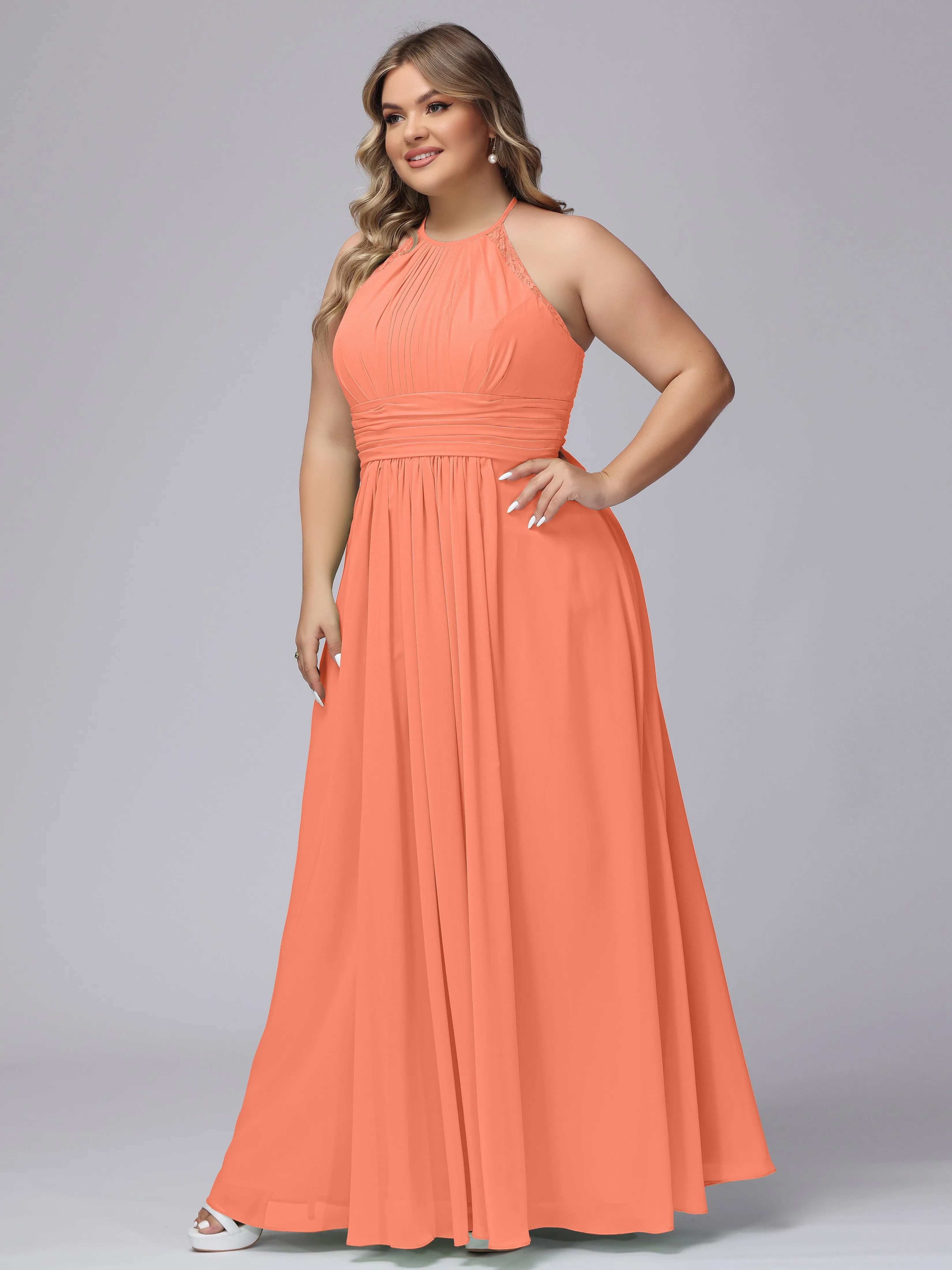 Halter Sleeveless Long Plus Size Chiffon Bridesmaid Dresses