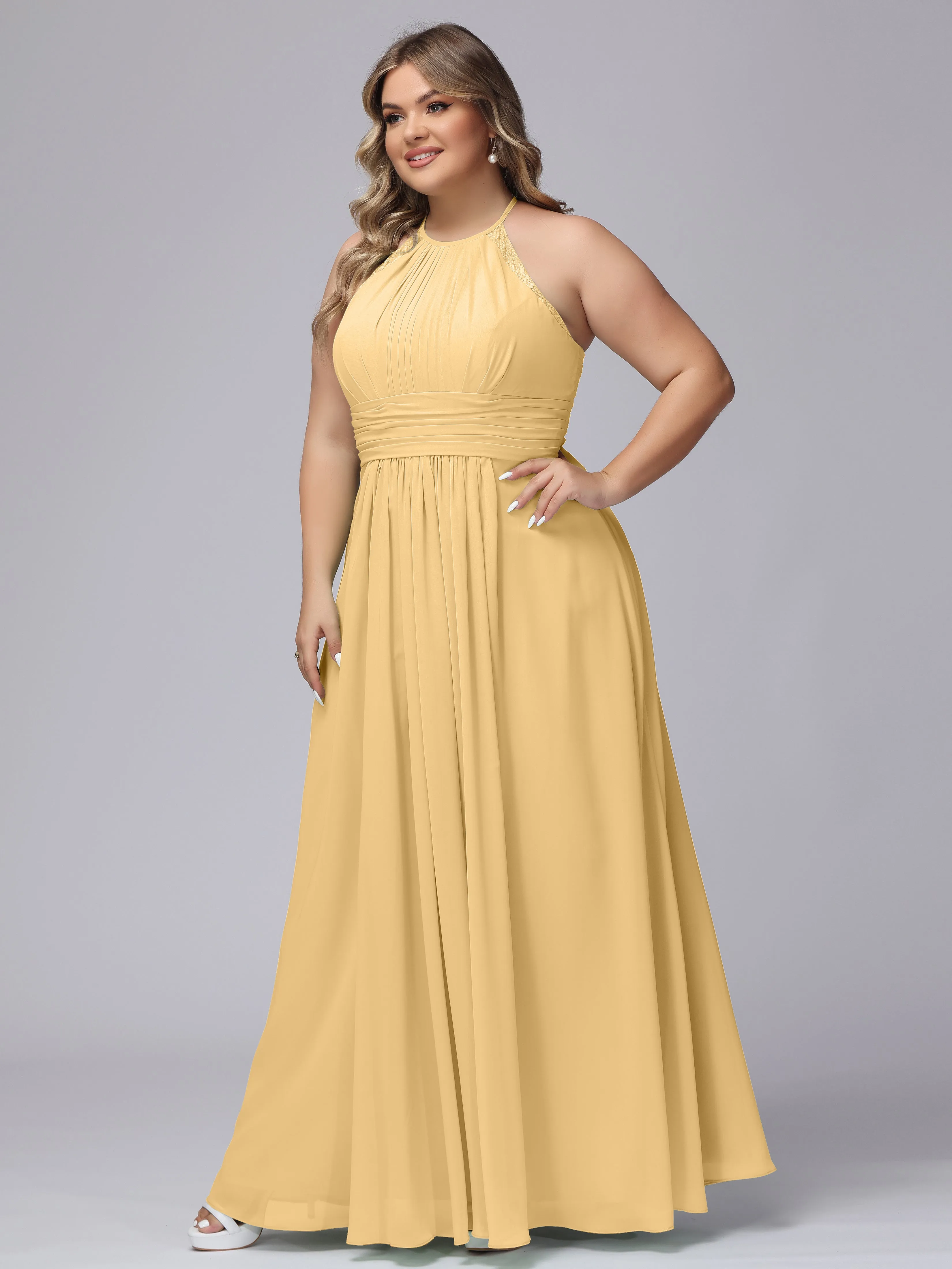 Halter Sleeveless Long Plus Size Chiffon Bridesmaid Dresses