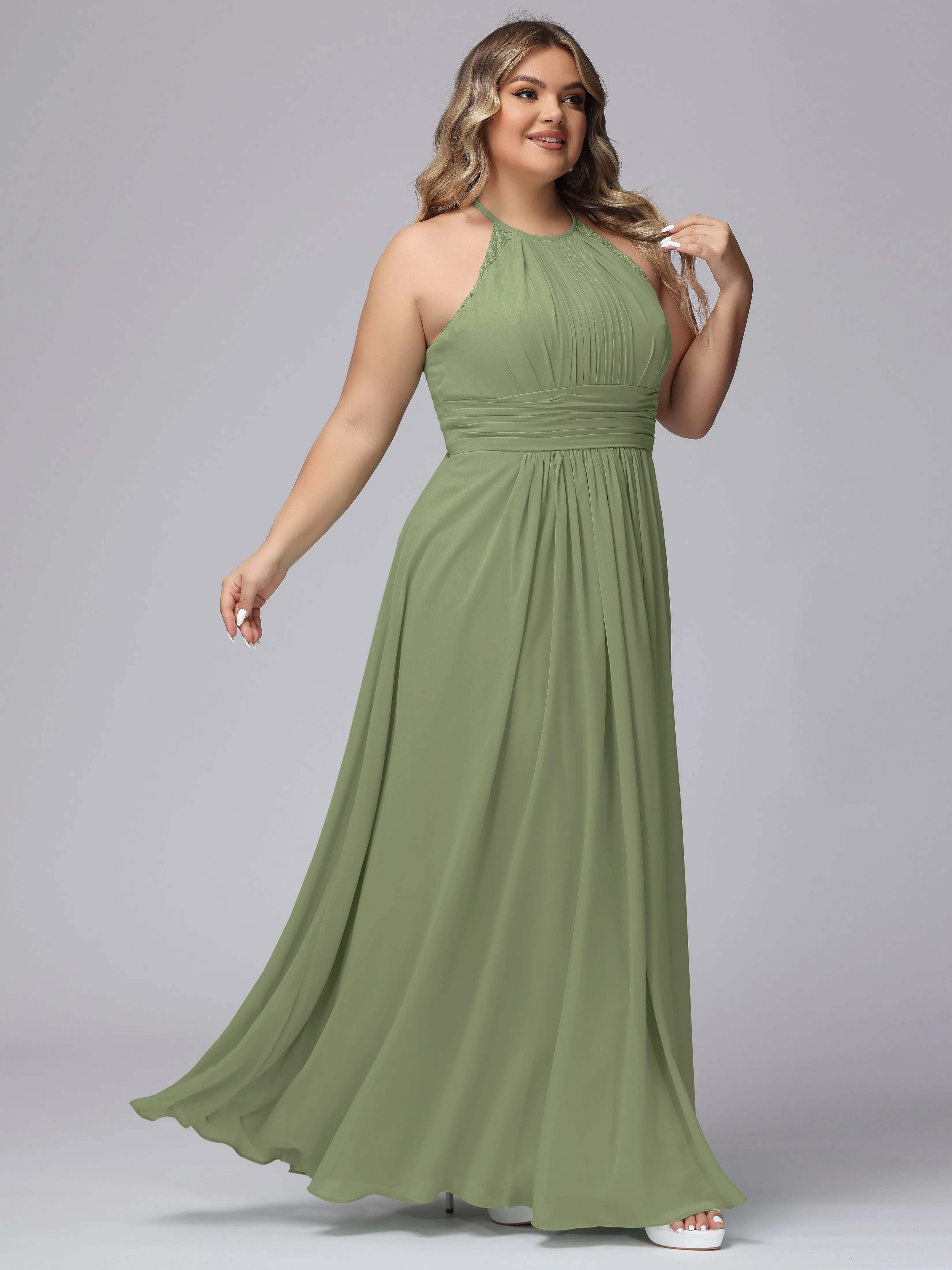 Halter Sleeveless Long Plus Size Chiffon Bridesmaid Dresses