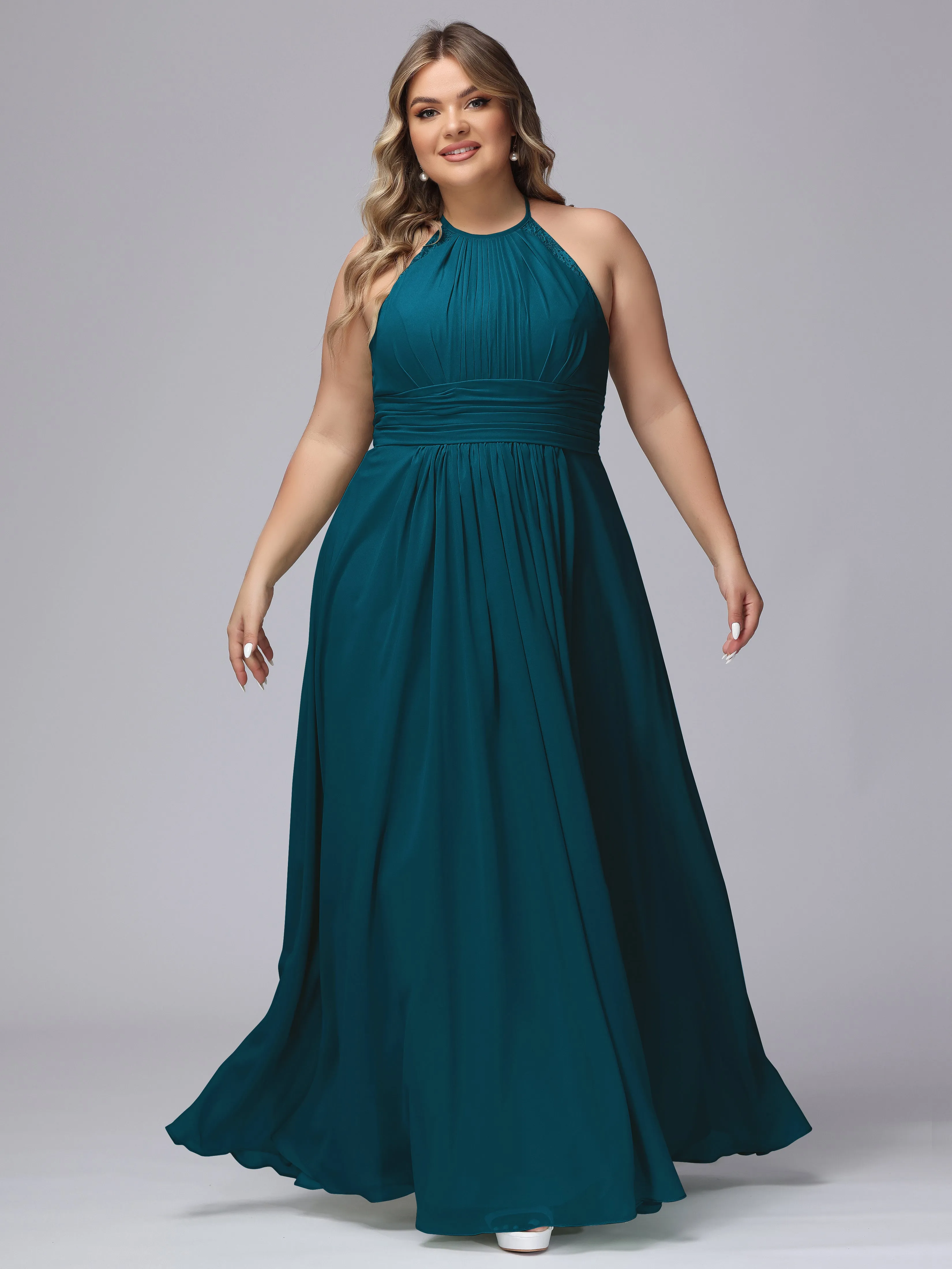 Halter Sleeveless Long Plus Size Chiffon Bridesmaid Dresses