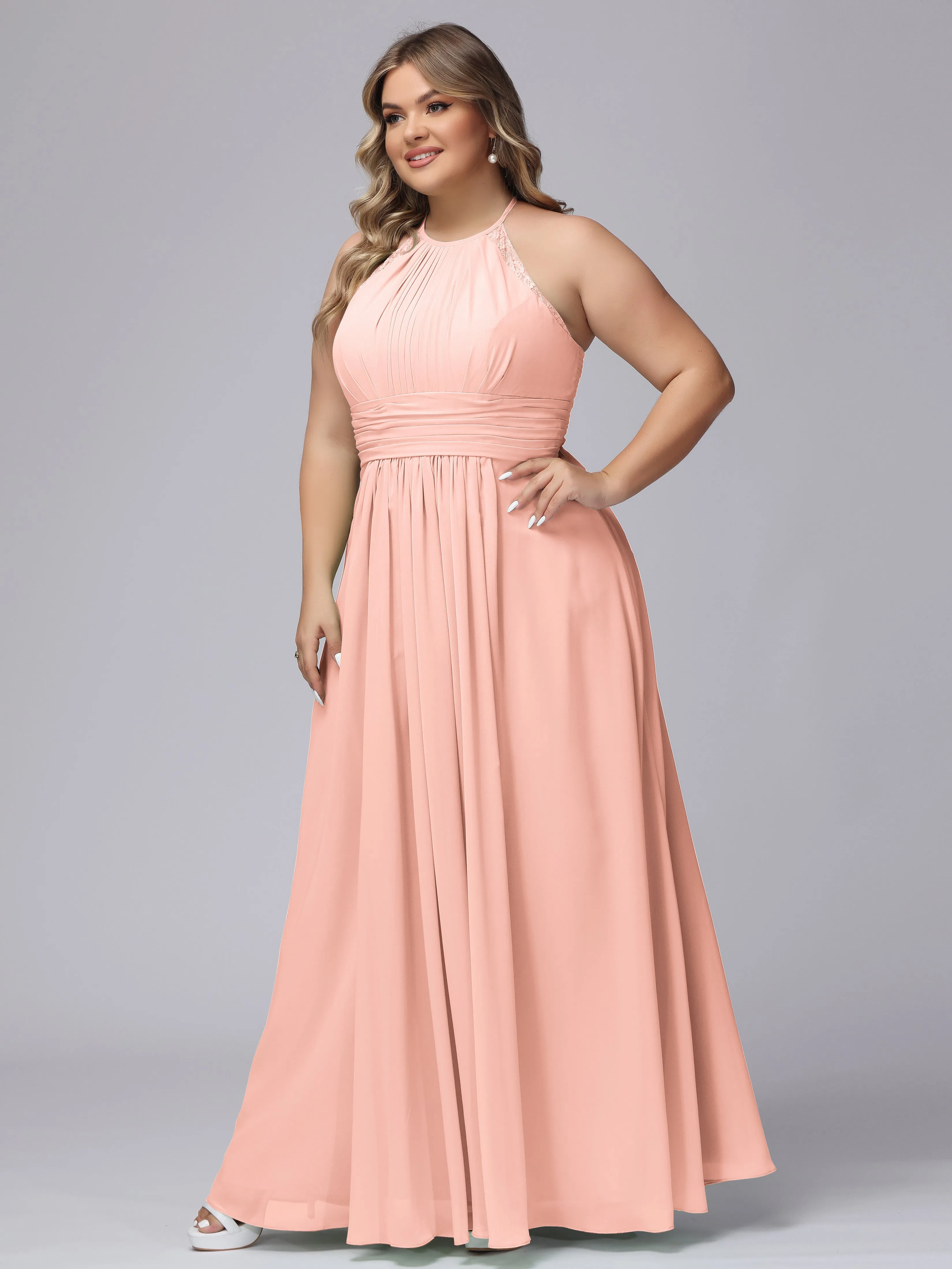 Halter Sleeveless Long Plus Size Chiffon Bridesmaid Dresses