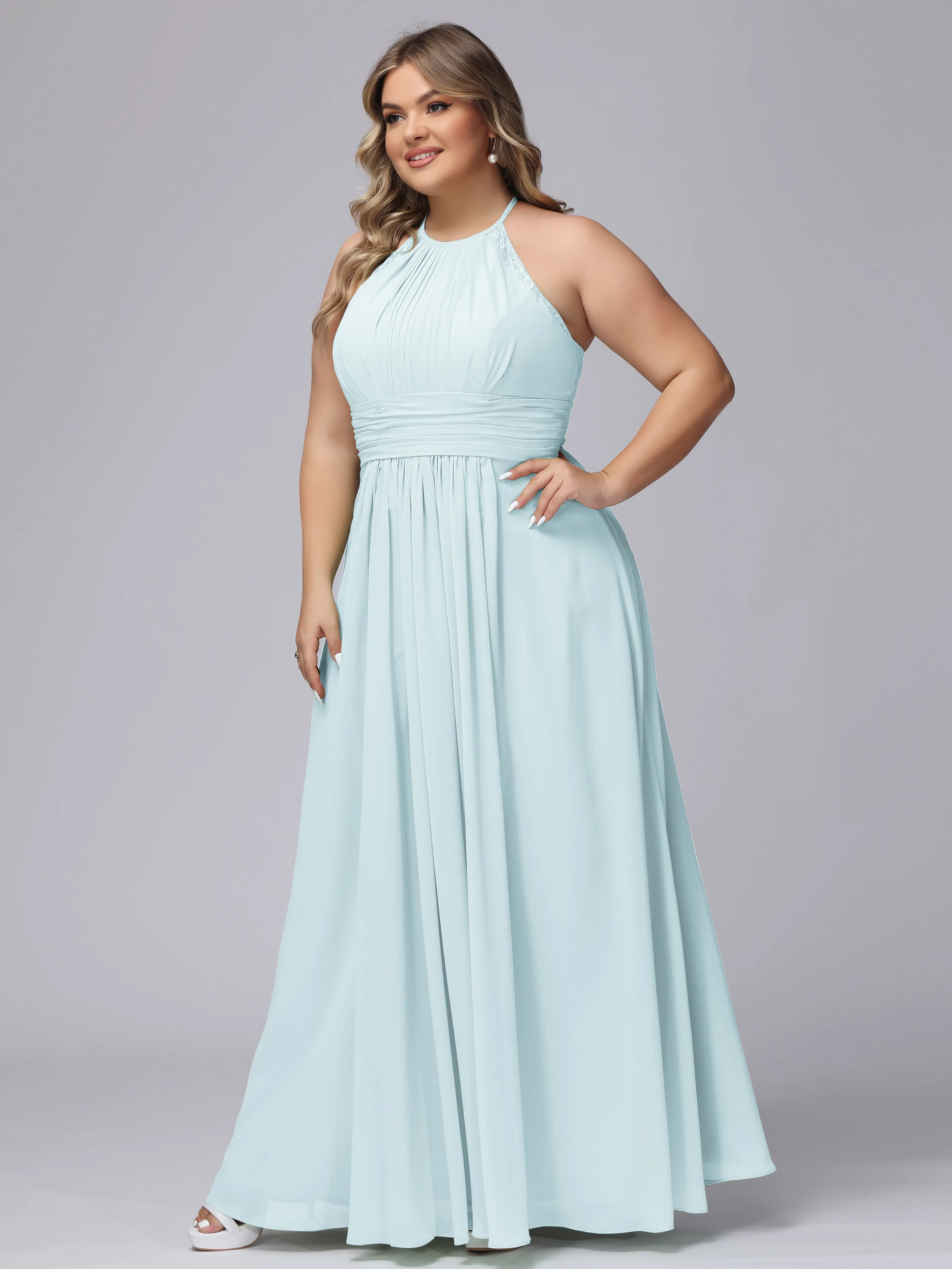 Halter Sleeveless Long Plus Size Chiffon Bridesmaid Dresses