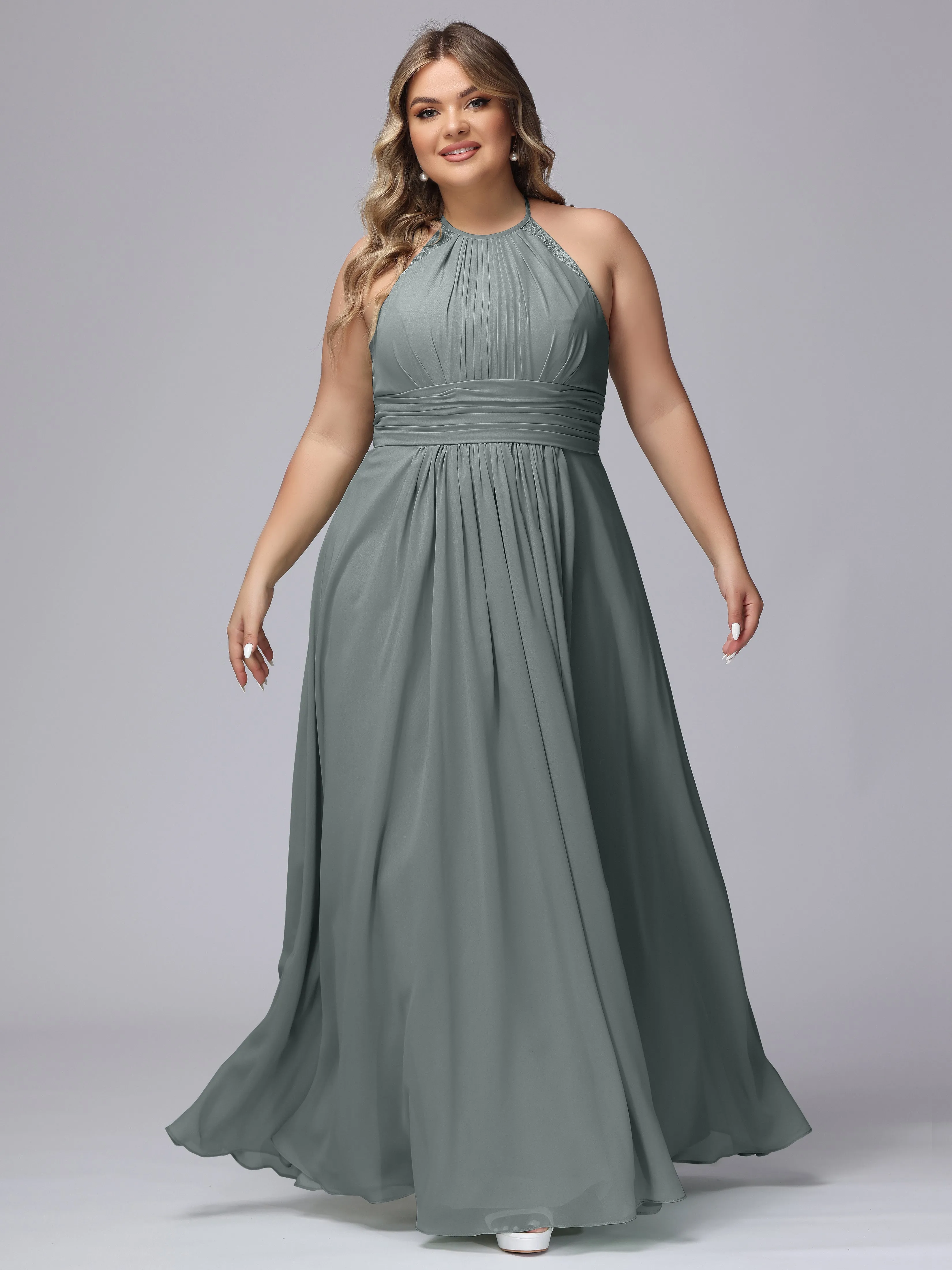 Halter Sleeveless Long Plus Size Chiffon Bridesmaid Dresses