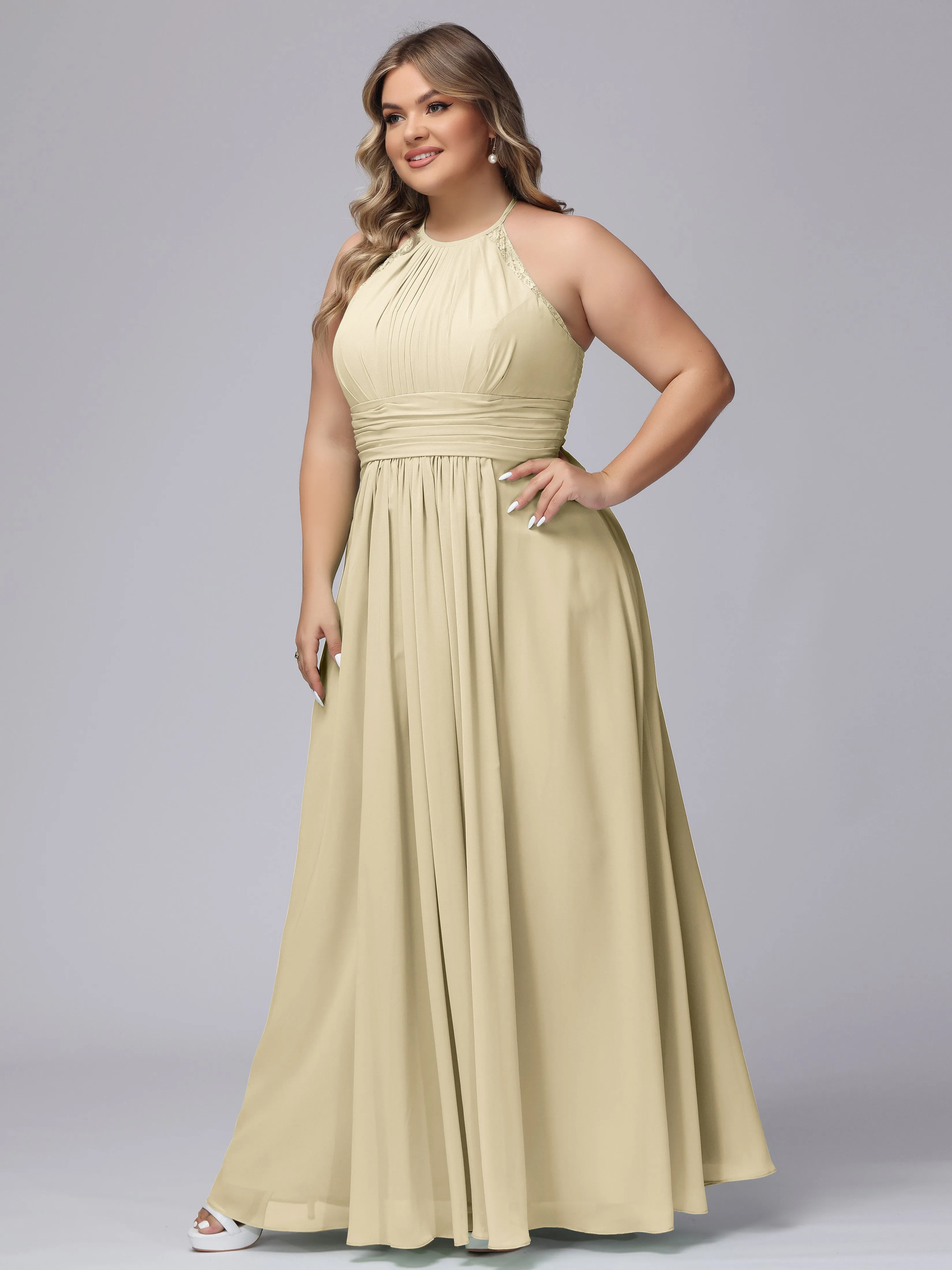 Halter Sleeveless Long Plus Size Chiffon Bridesmaid Dresses