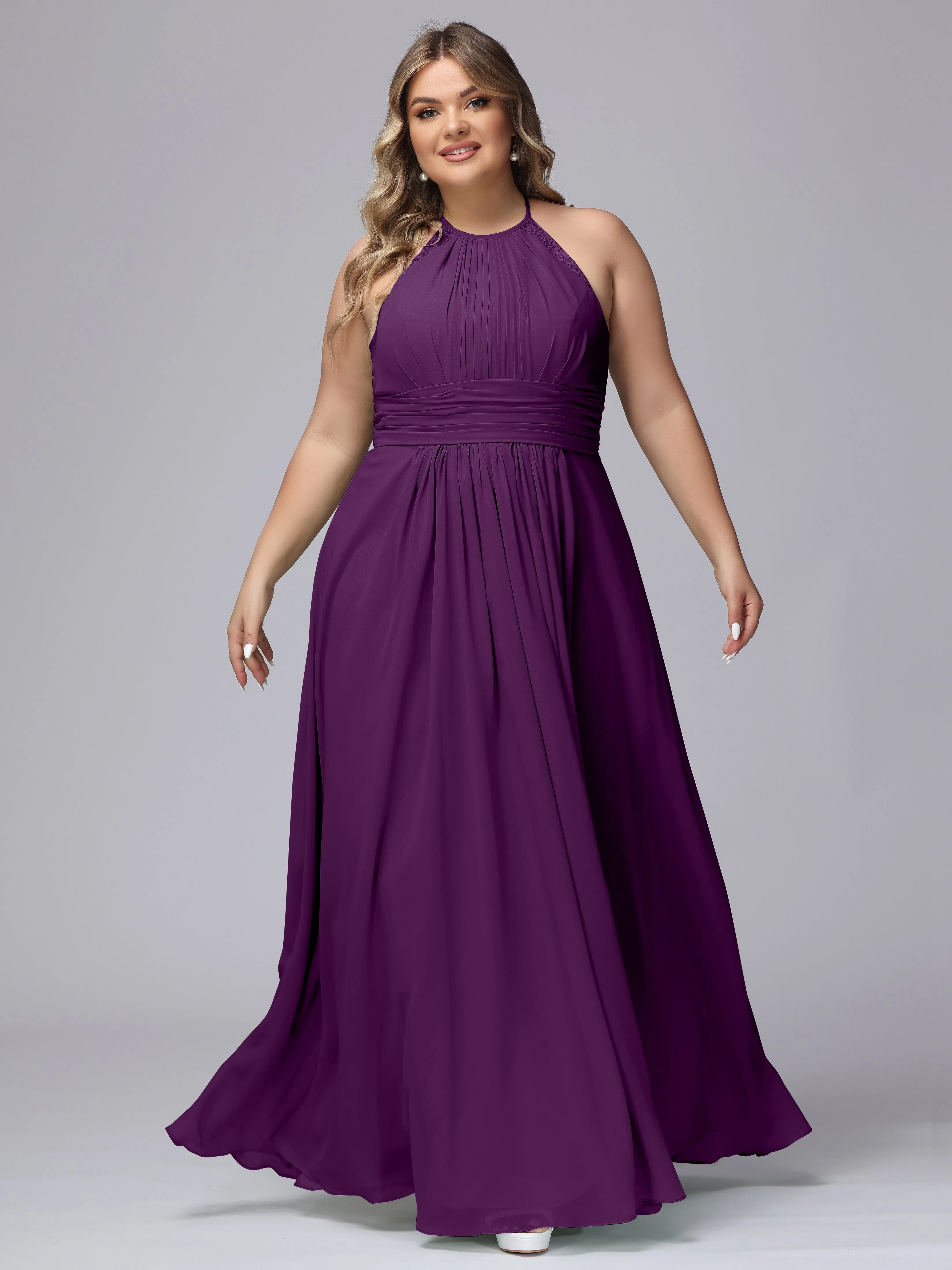 Halter Sleeveless Long Plus Size Chiffon Bridesmaid Dresses