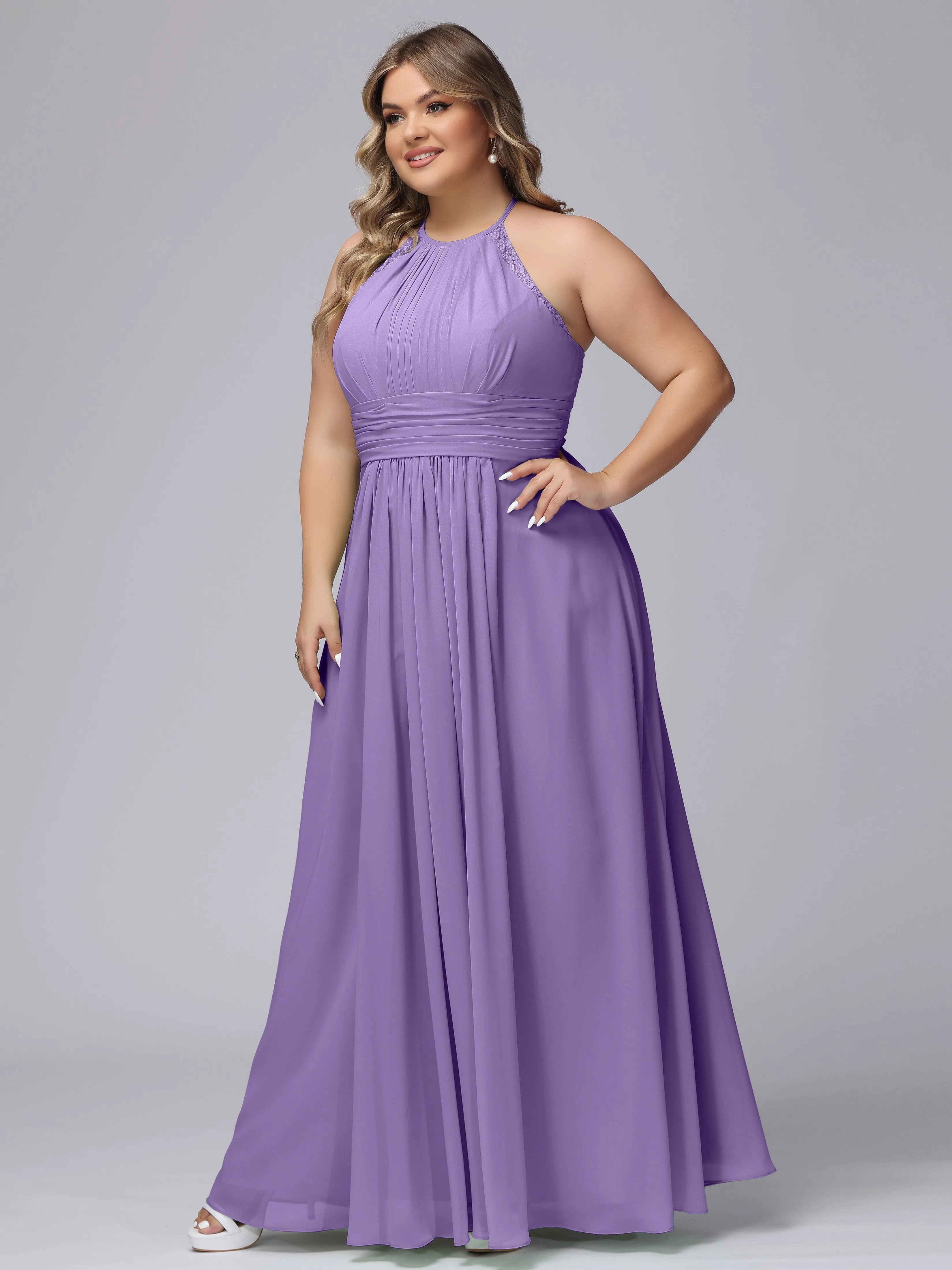 Halter Sleeveless Long Plus Size Chiffon Bridesmaid Dresses