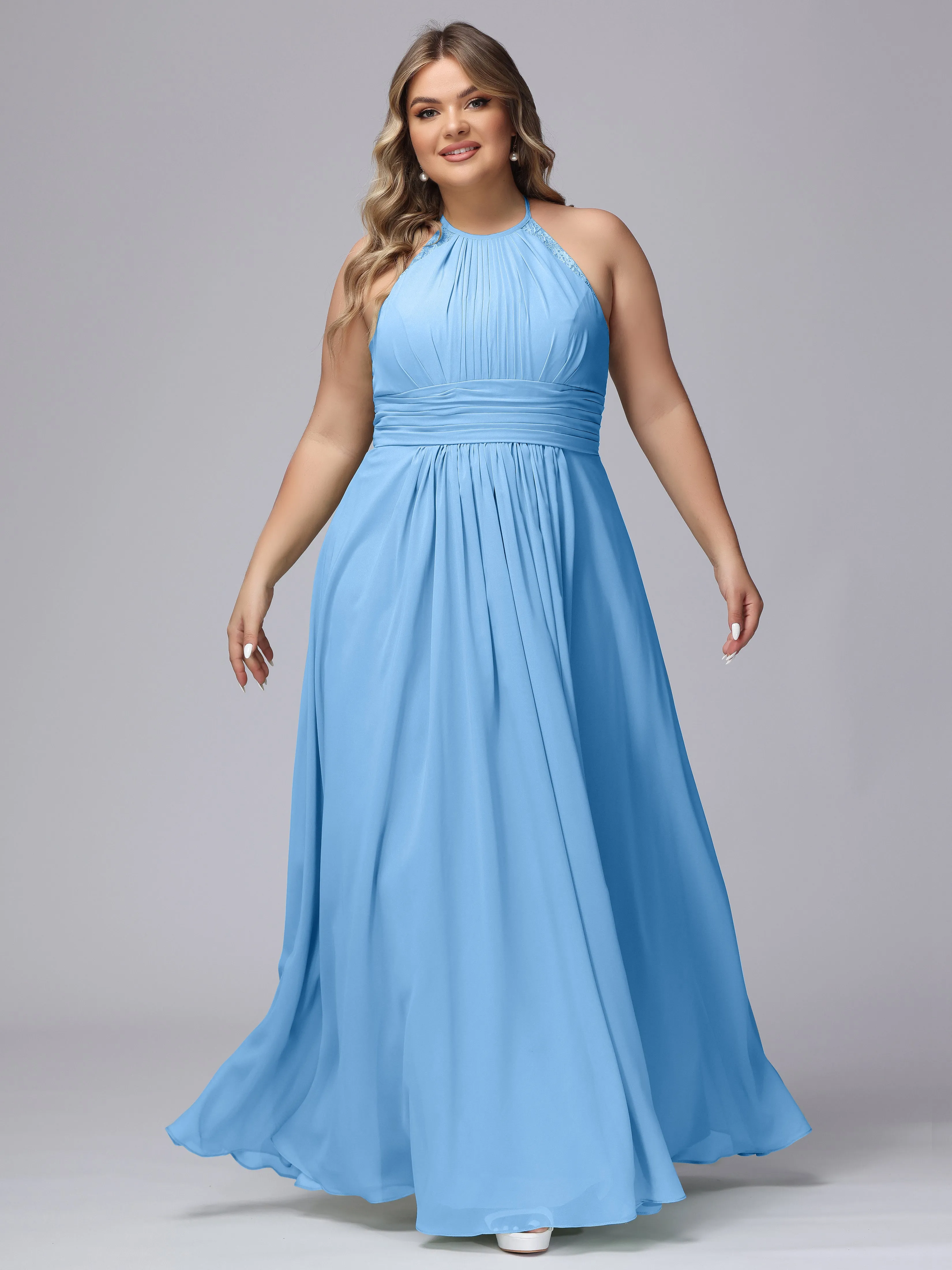 Halter Sleeveless Long Plus Size Chiffon Bridesmaid Dresses
