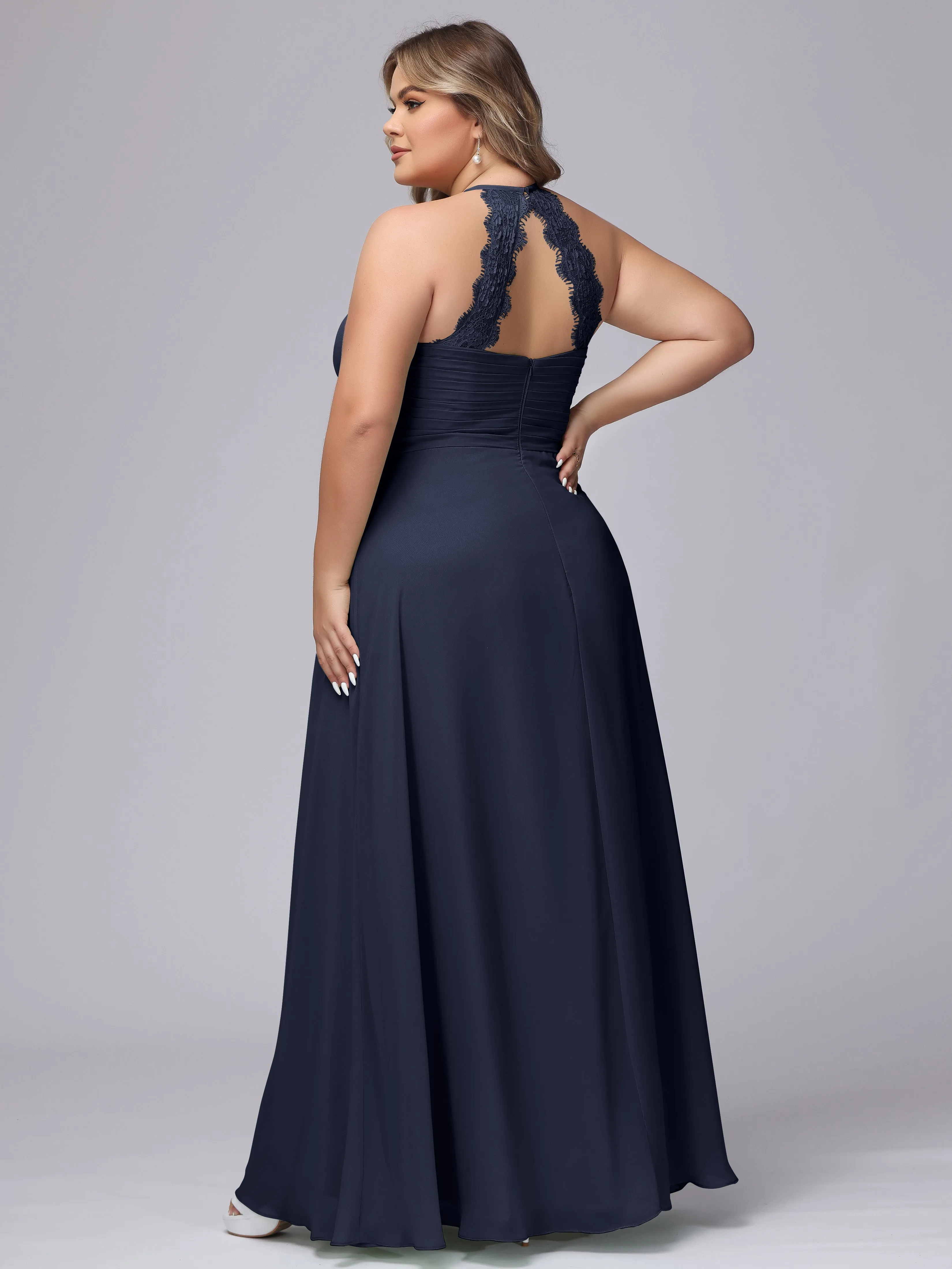 Halter Sleeveless Long Plus Size Chiffon Bridesmaid Dresses