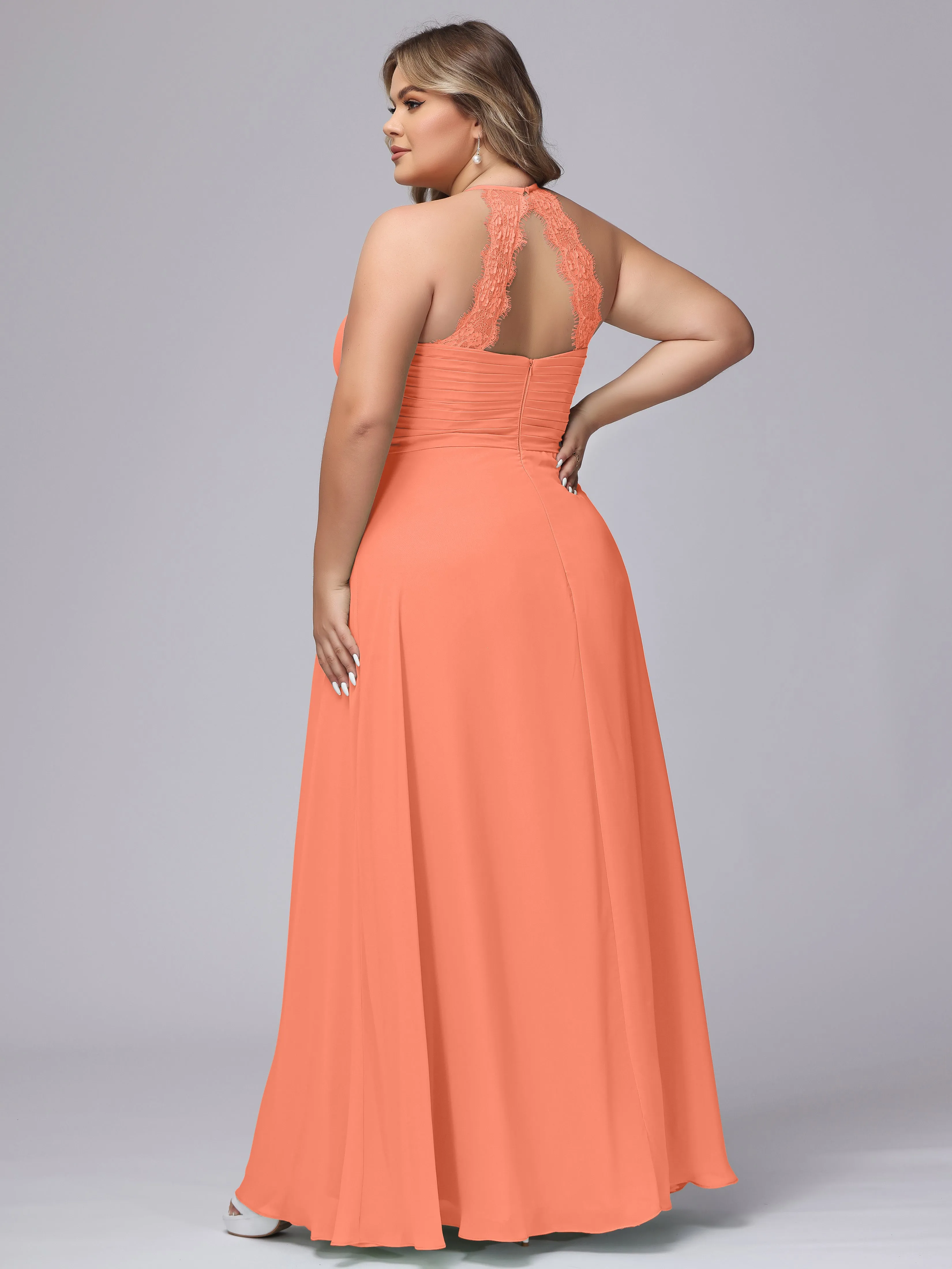 Halter Sleeveless Long Plus Size Chiffon Bridesmaid Dresses