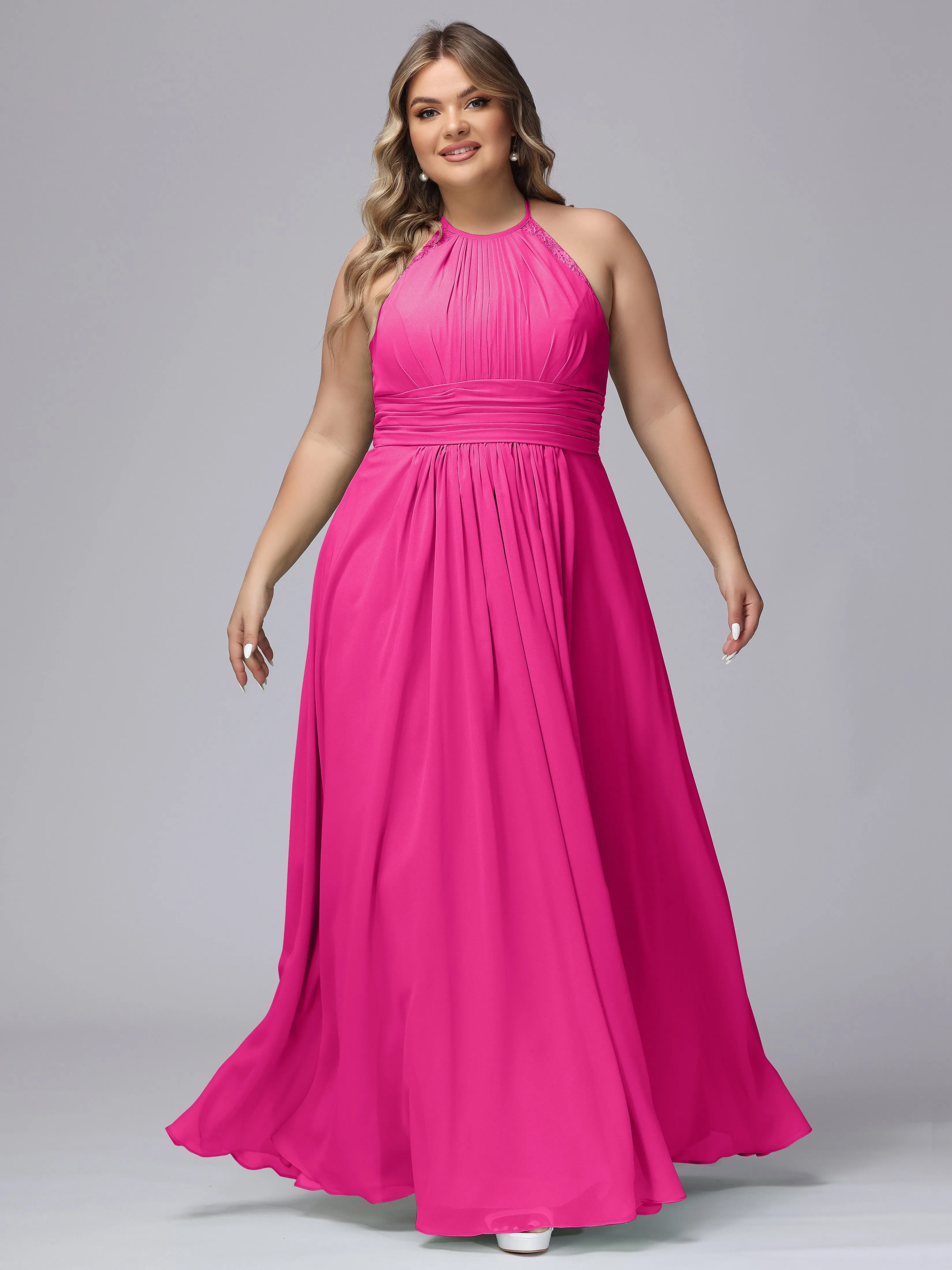 Halter Sleeveless Long Plus Size Chiffon Bridesmaid Dresses